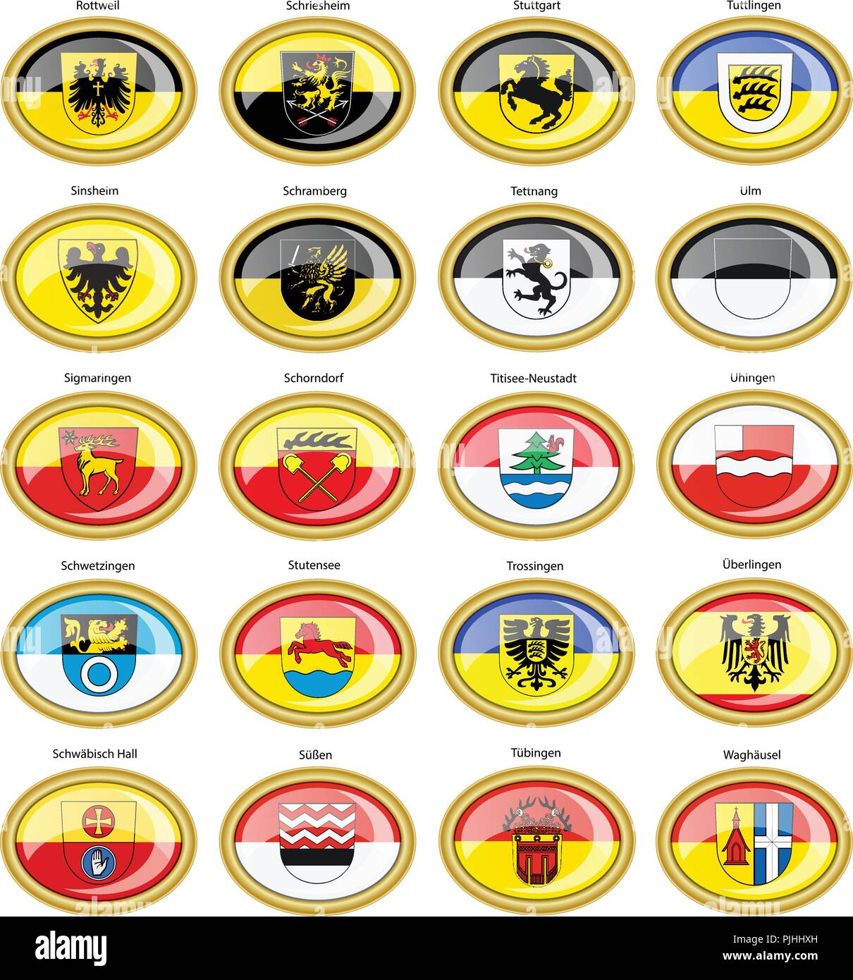 Set of icons. Flags of german cities (Baden-Wurttemberg). Vector. 3D. Stock Vector