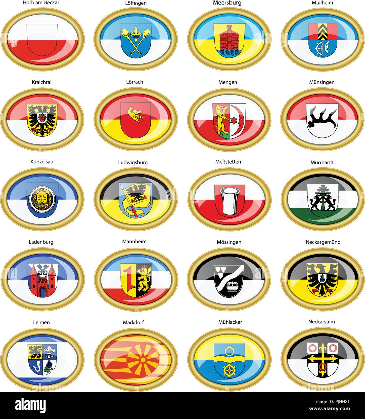 Set of icons. Flags of german cities (Baden-Wurttemberg). Vector. 3D. Stock Vector