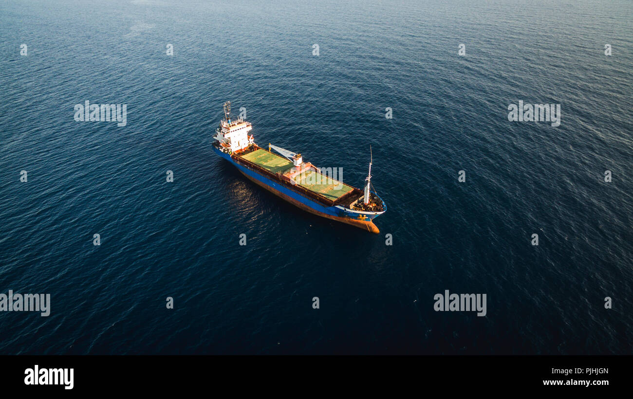Aerial drone view of an cargo ship Stock Photo -