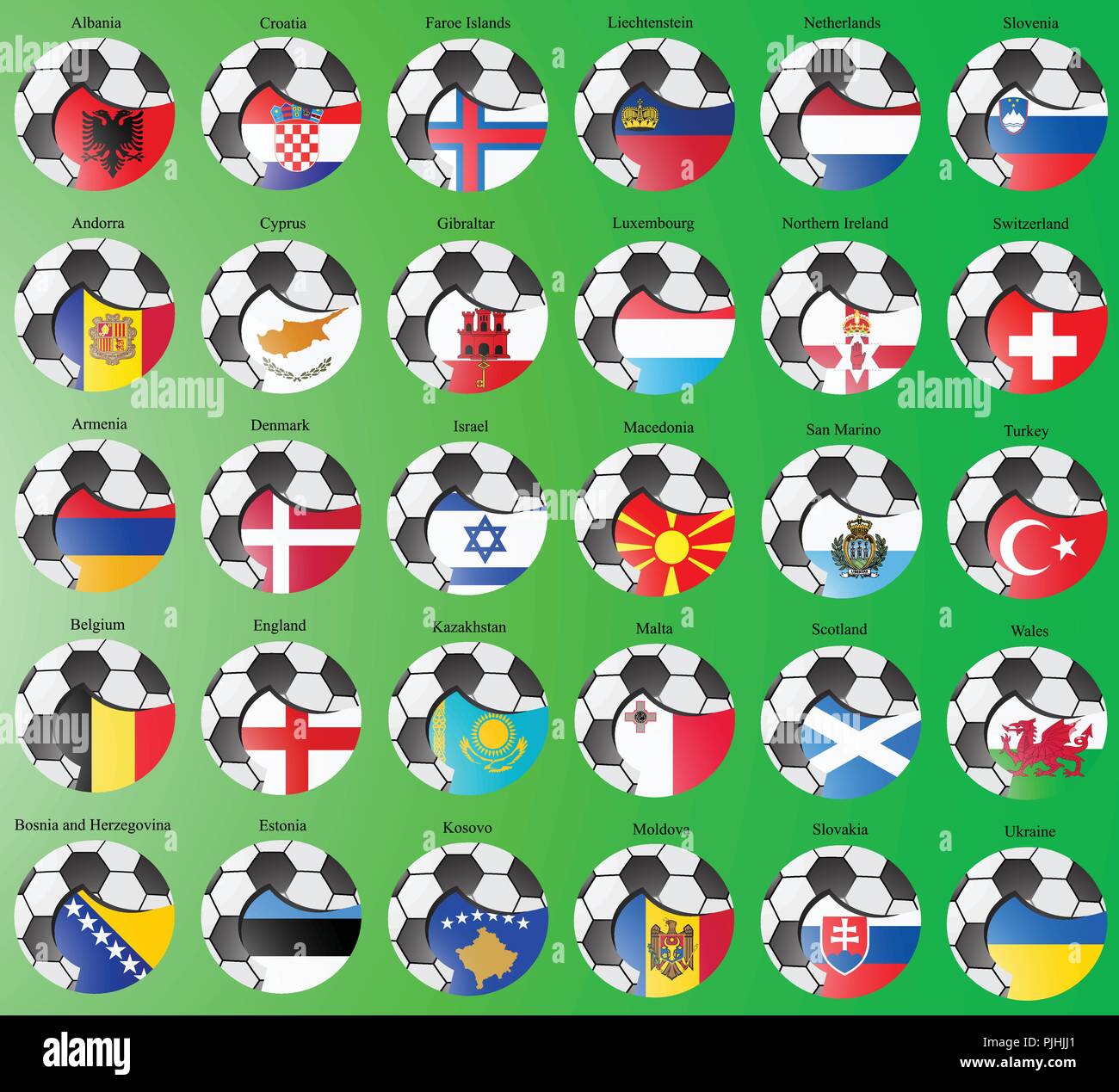 Set of icons. Flags of the Europe with soccer ball. Stock Vector