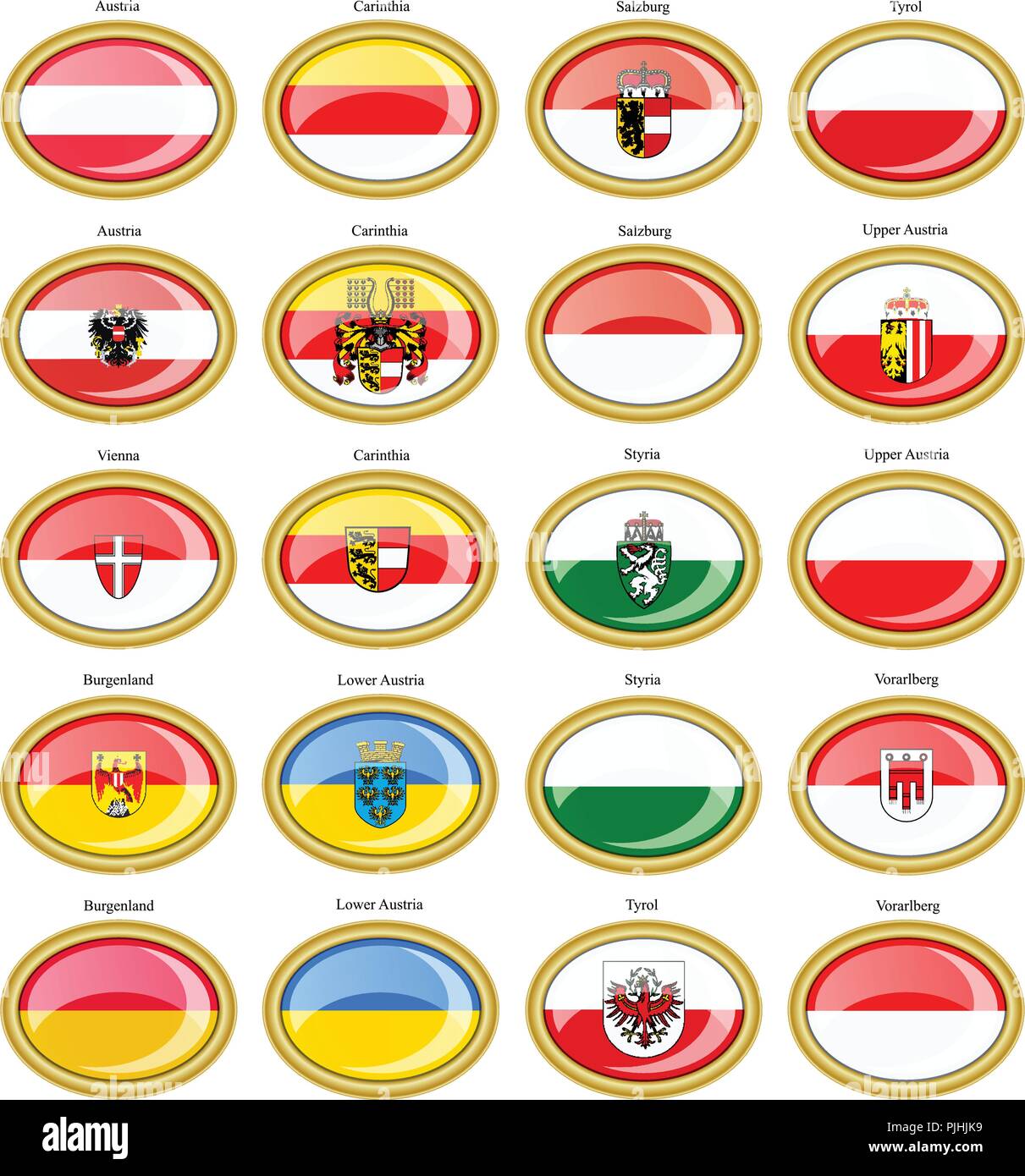 Set of icons. Regions of Austria flags. 3D. Stock Vector