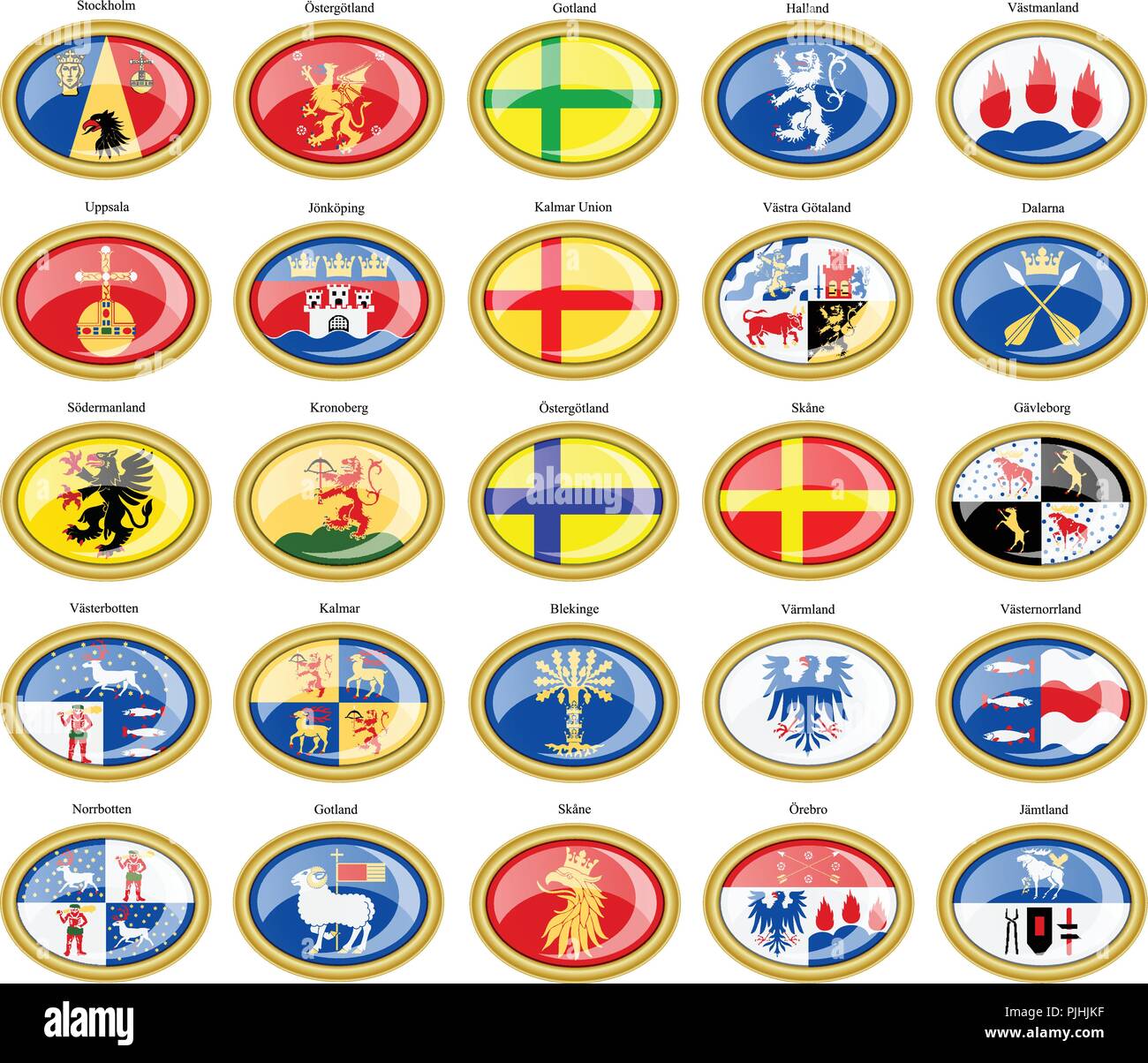 Set of icons. Counties of Sweden flags. Stock Vector