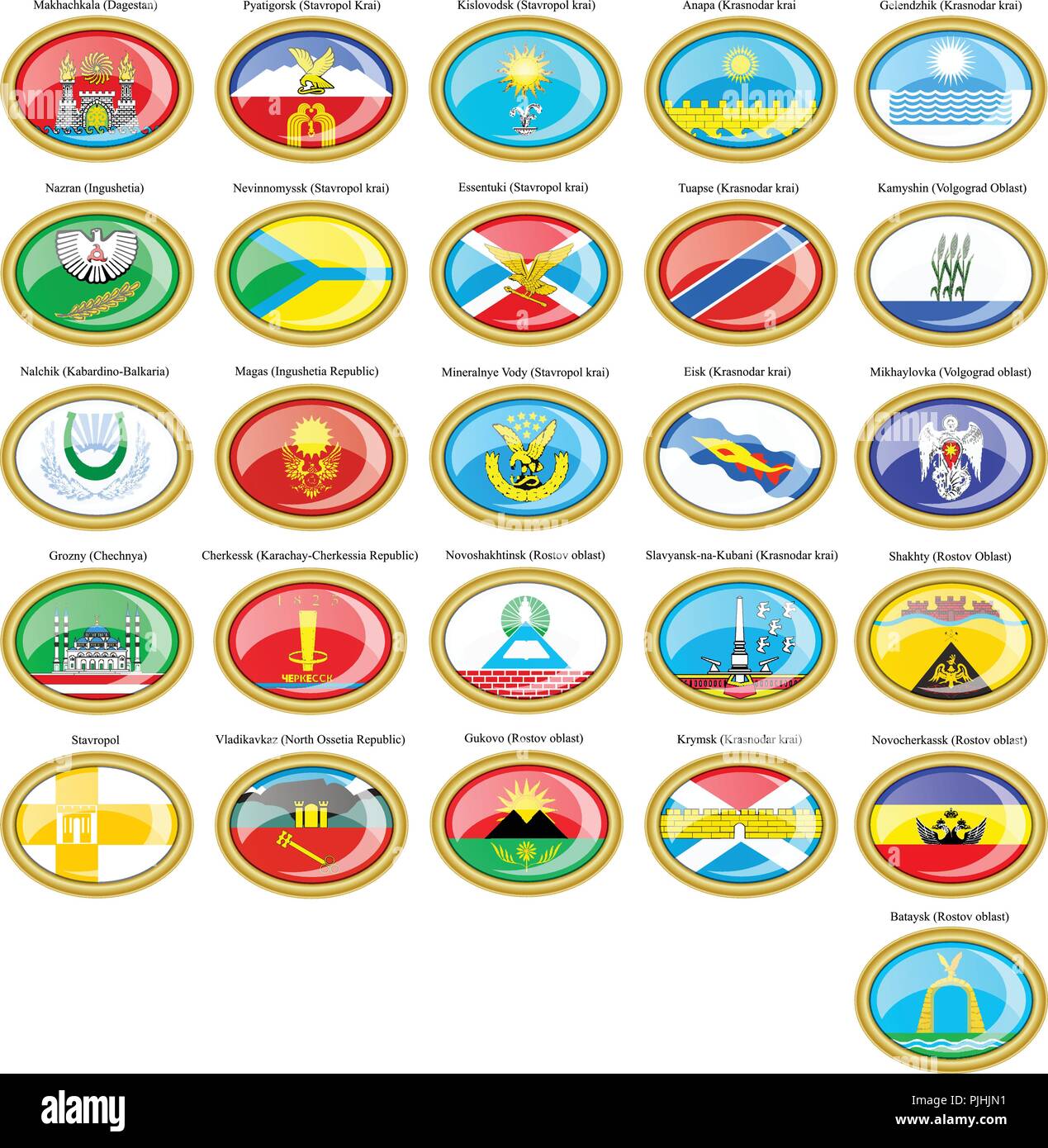 Set of icons. Flags of the Russian cities (North Caucasian Federal District and Southern Federal District). Stock Vector