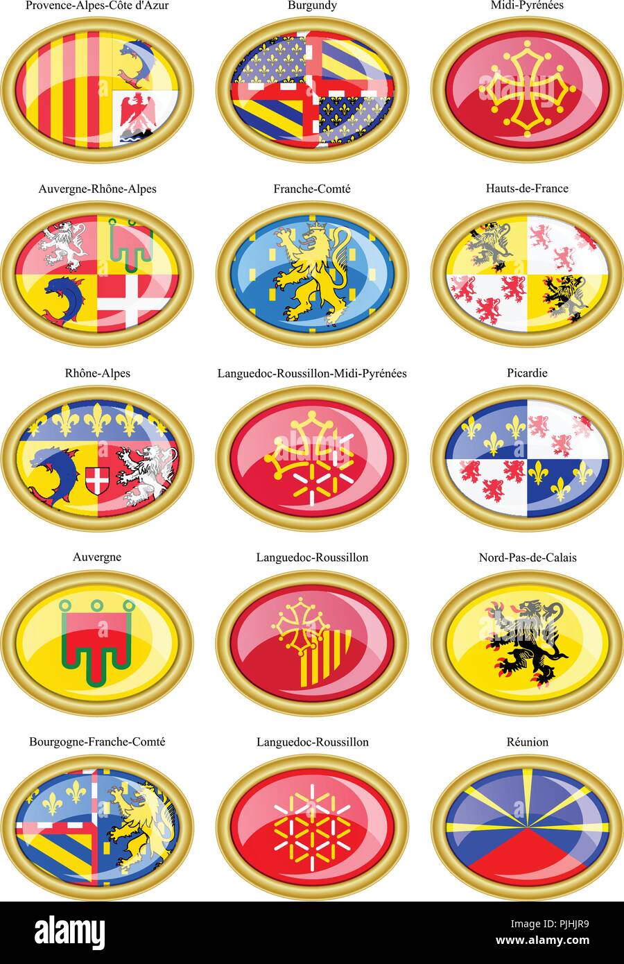 Set of icons. Regions of France flags. Stock Vector