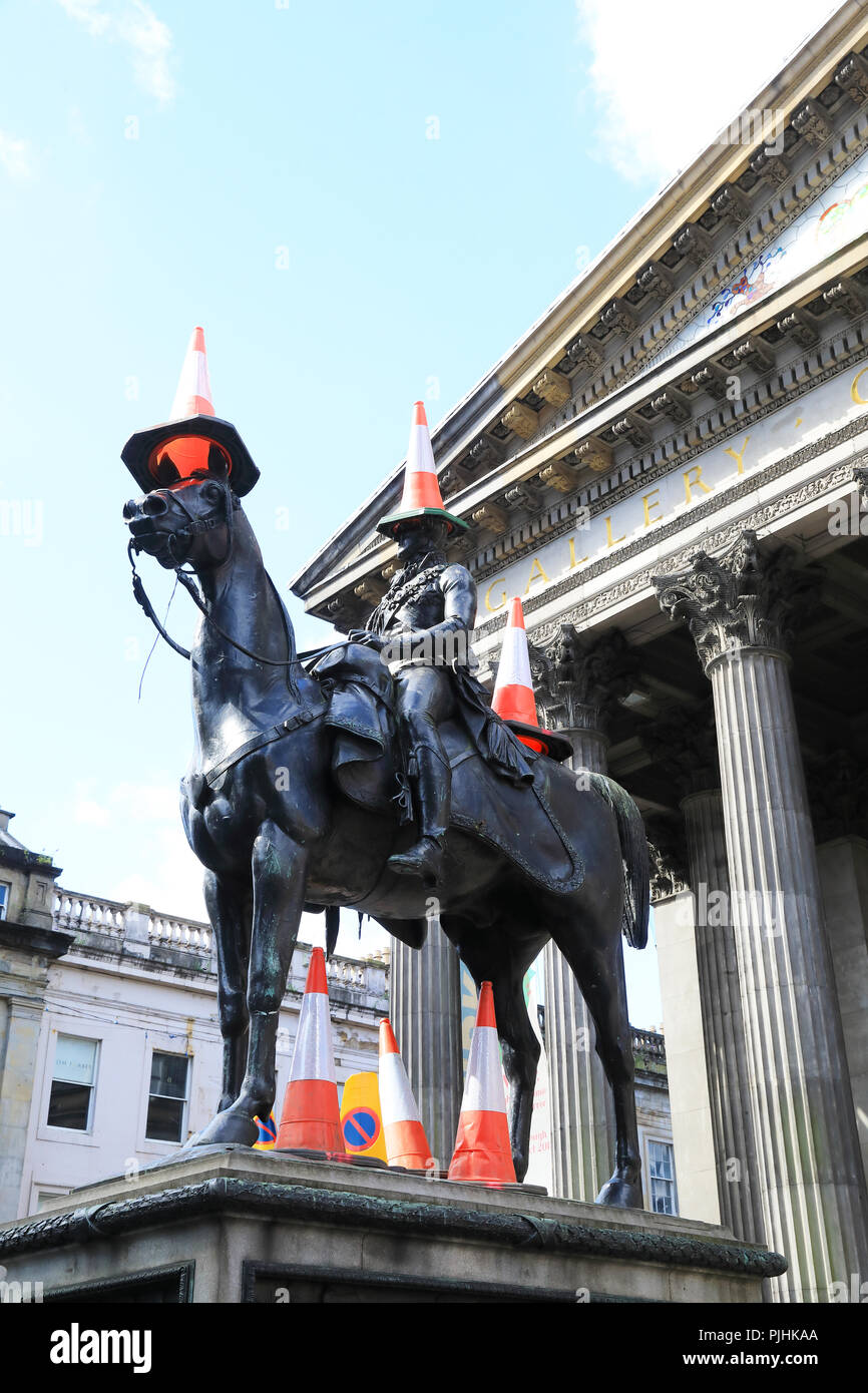 Traffic cones on the Duke of Wellington statue outside the Gallery of