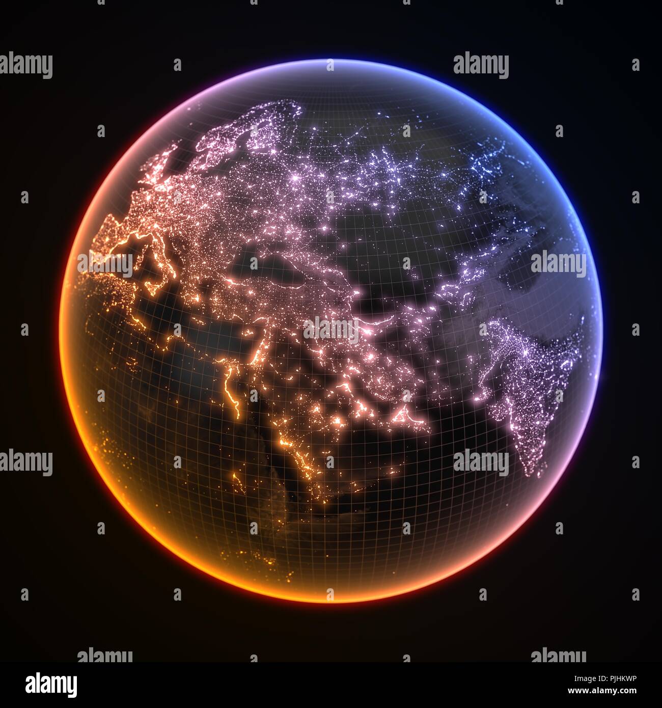 dark earth globe with glowing details of city and human population density areas. 3d illustration Stock Photo