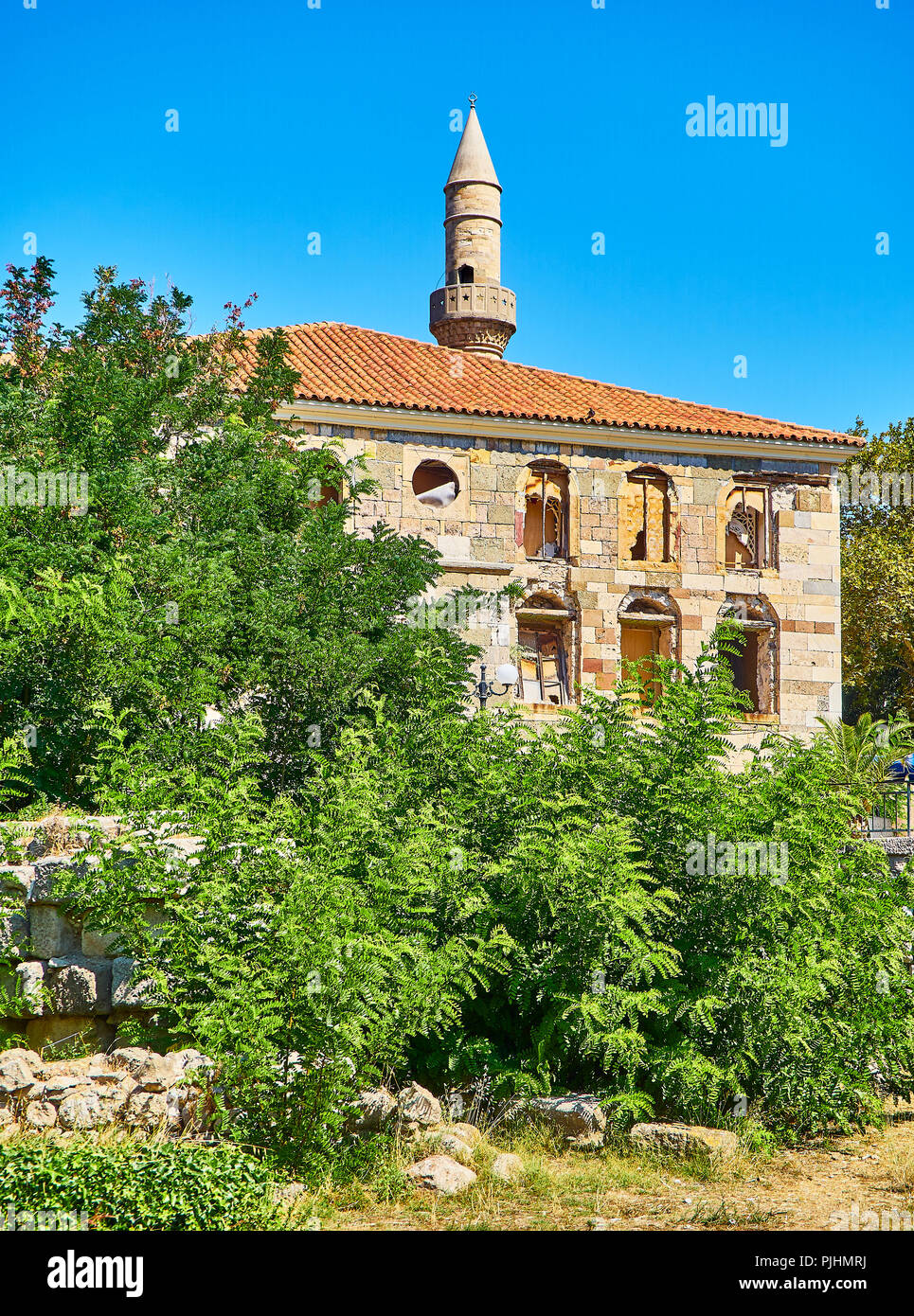 Kos, Greece - July 3, 2018. Gazi Hassan Pasha mosque, damaged by the ...