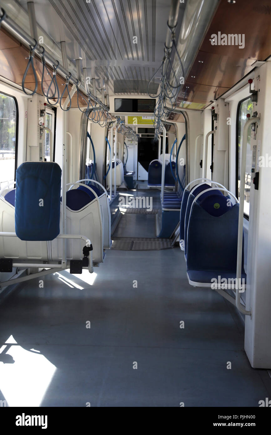 Athens Greece Interior of Empty Tram Stock Photo