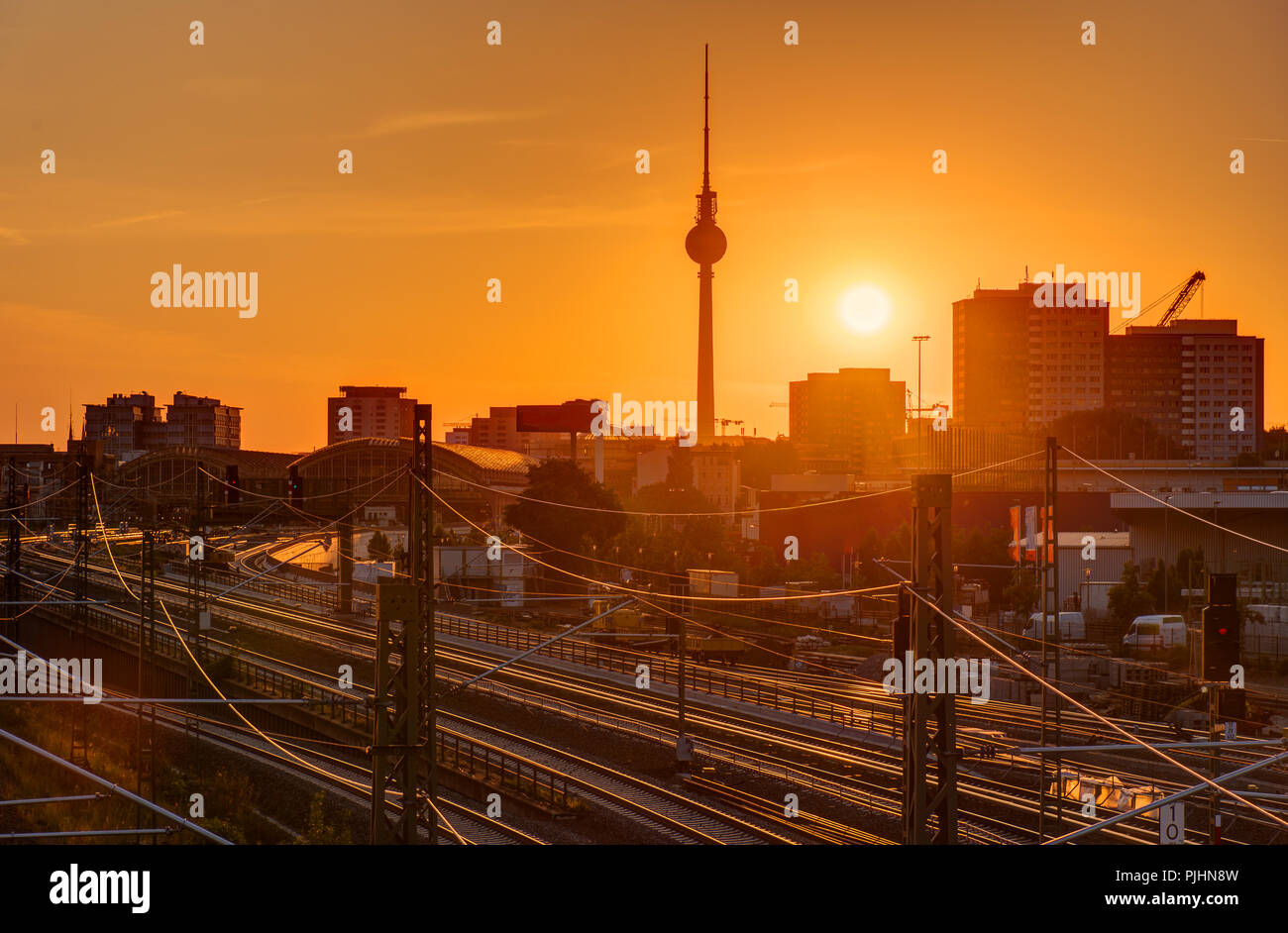 Sunset at the famous Television Tower in Berlin, Germany Stock Photo