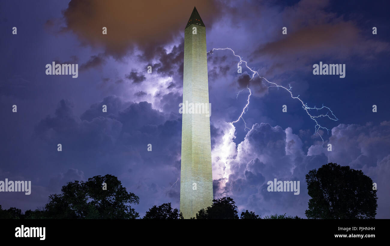 Lightning strikes over the Washington Monument in Washington, D.C