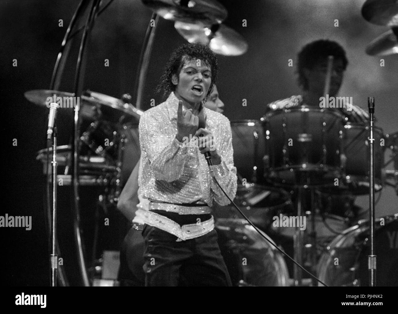 Michael Jackson performs at Chicago's Comiskey Park in 1984. Stock Photo