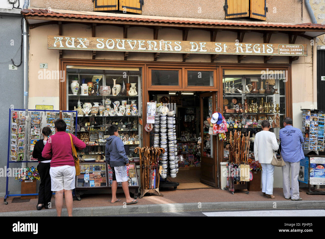 France, Rhone-Alpes Region, Ardeche Department, Lalouvesc village, souvenir shop storefront, place of pilgrimage to St. Regis. Stock Photo