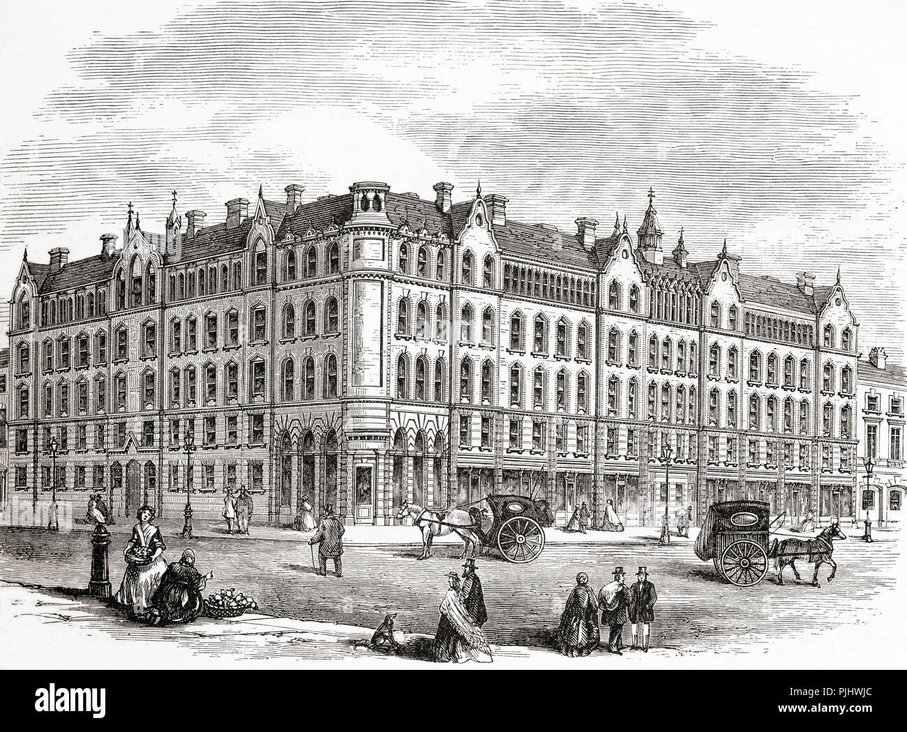 The 'Peabody' dwellings for the industrious poor in Commercial Street, Spitalfields, London, England  in the 19th century. George Peabody was an American financier and philanthropist who established the Peabody Donation Fund, today called the Peabody Trust, to provide decent housing for the poor labourers of London.   From London Pictures, published 1890. Stock Photo