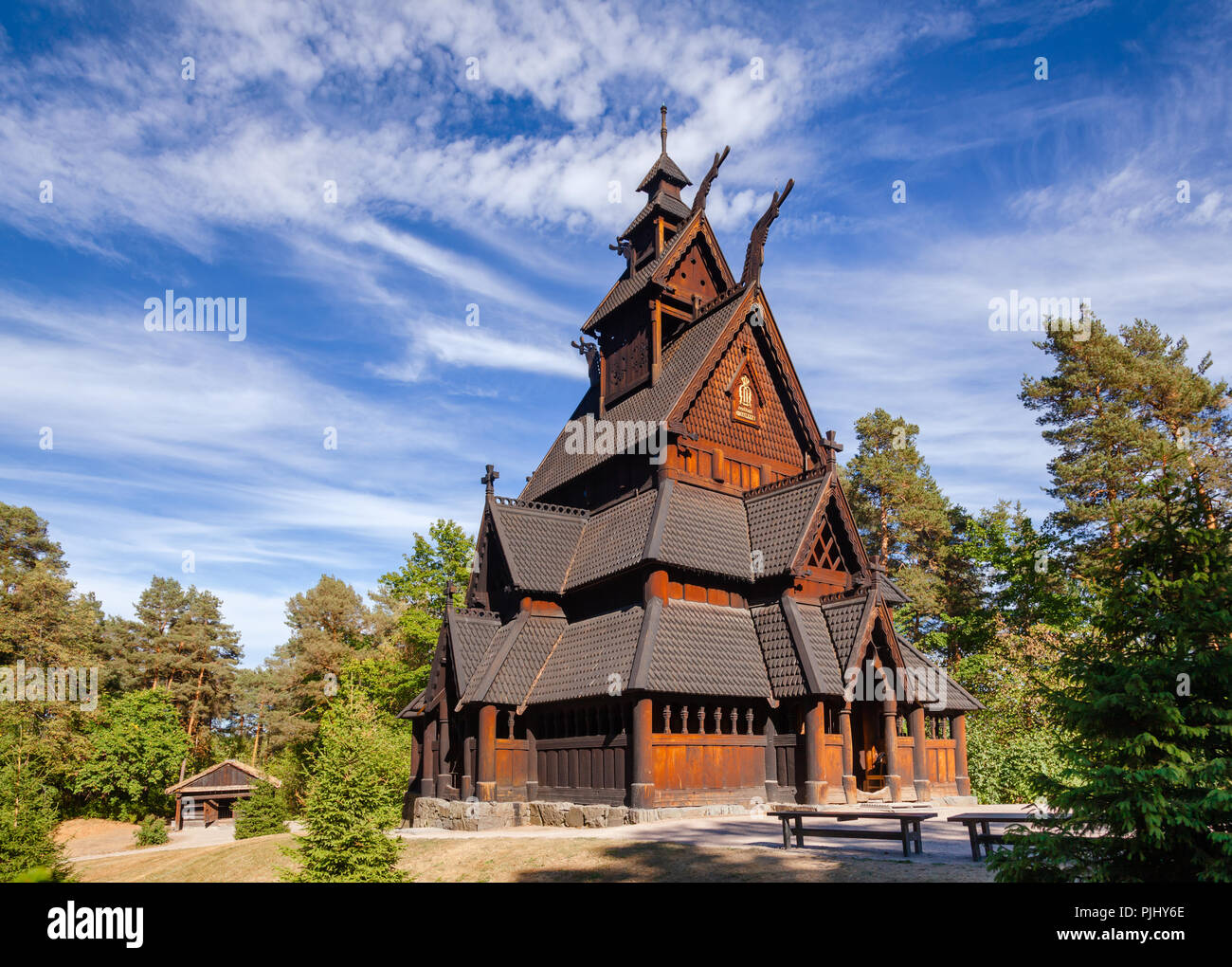 Reconstructed wooden Gol Stave Church (Gol Stavkyrkje) in Norwegian Museum of Cultural History at Bygdoy peninsula in Oslo, Norway, Scandanavia Stock Photo