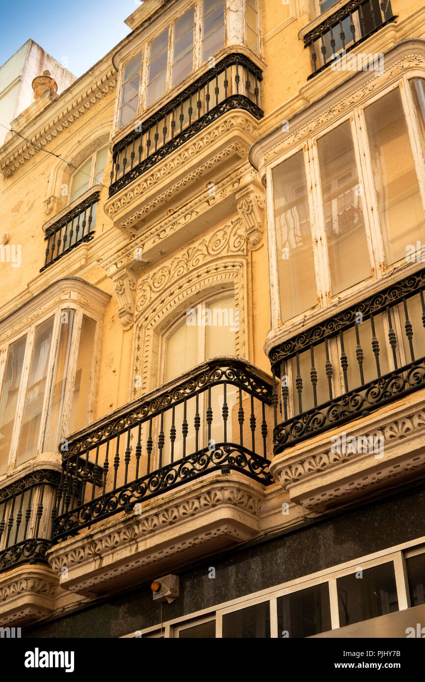Spain, Cadiz, Calle Compania, decorative Art Nouveau upper floor balconies Stock Photo
