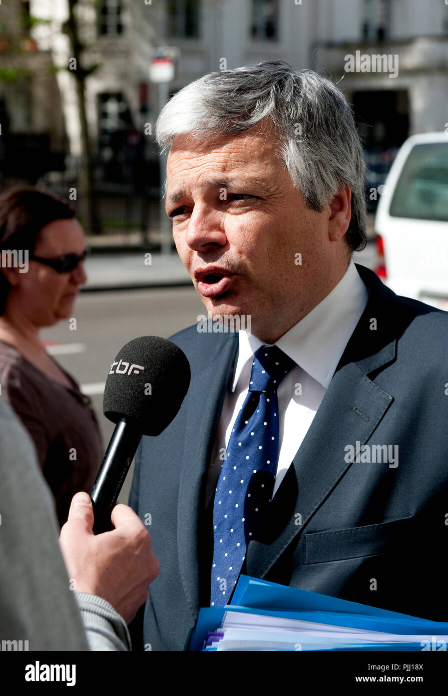Outgoing Ministre of Finances Didier Reynders pictured as he arrives in the Wetstraat 16 before the Chamber plenary session in the Belgium parliament  Stock Photo