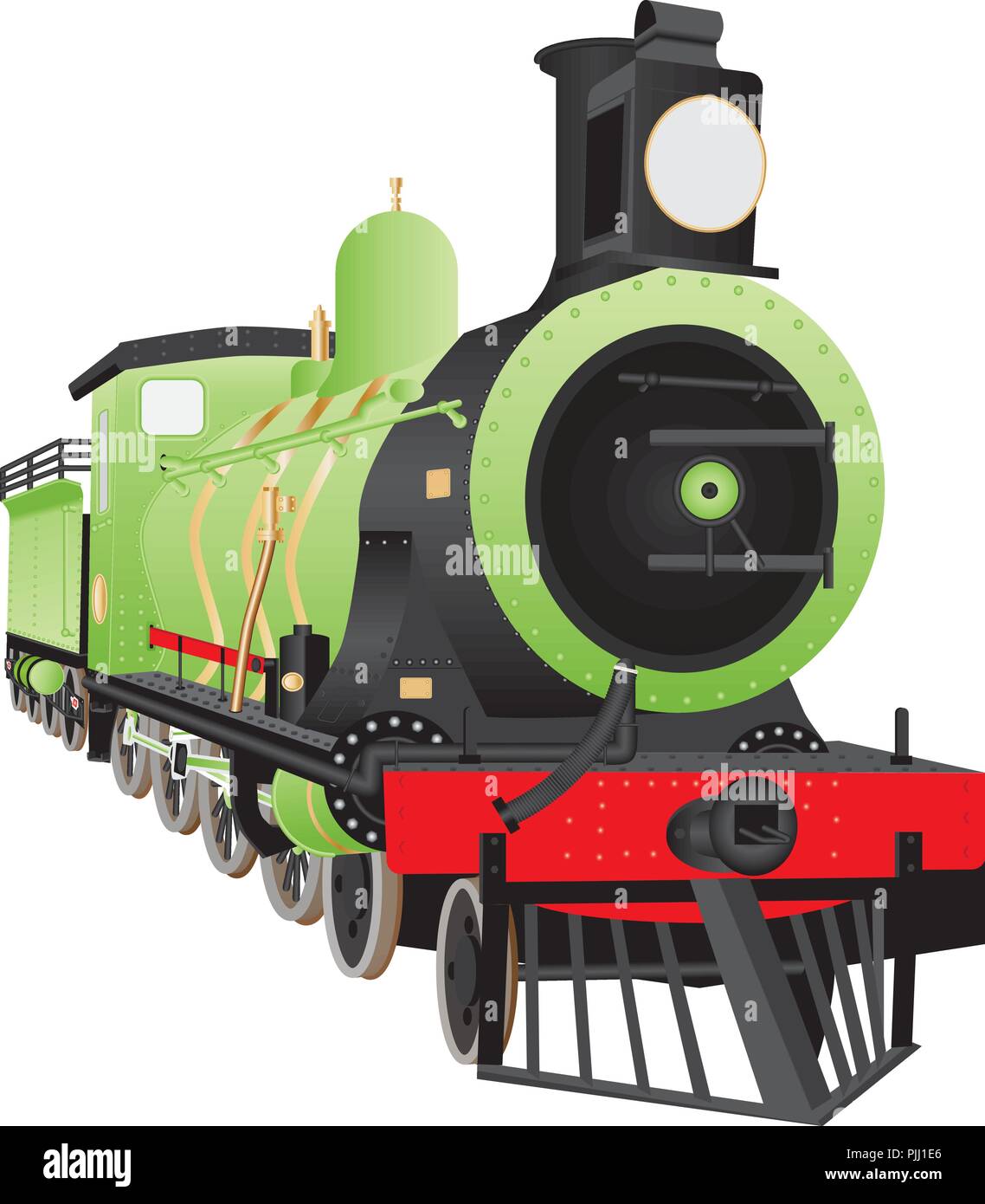 An Old Twelve Wheel or 480 Steam Railway Tender Locomotive with a cowcatcher, headlight and brass fittings painted in a green,red and black livery iso Stock Vector