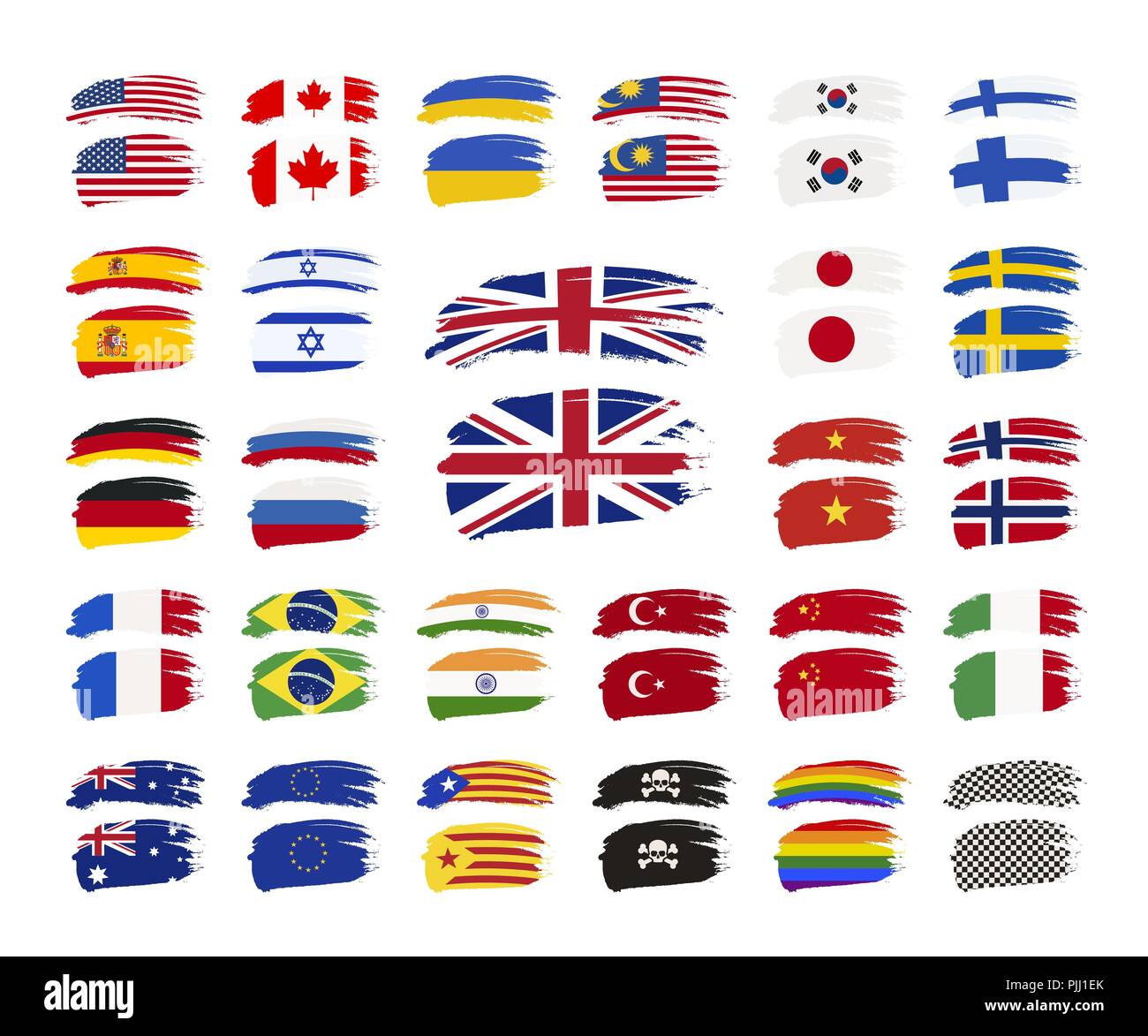 Large set of grunge brush strokes with different country flags on white ...