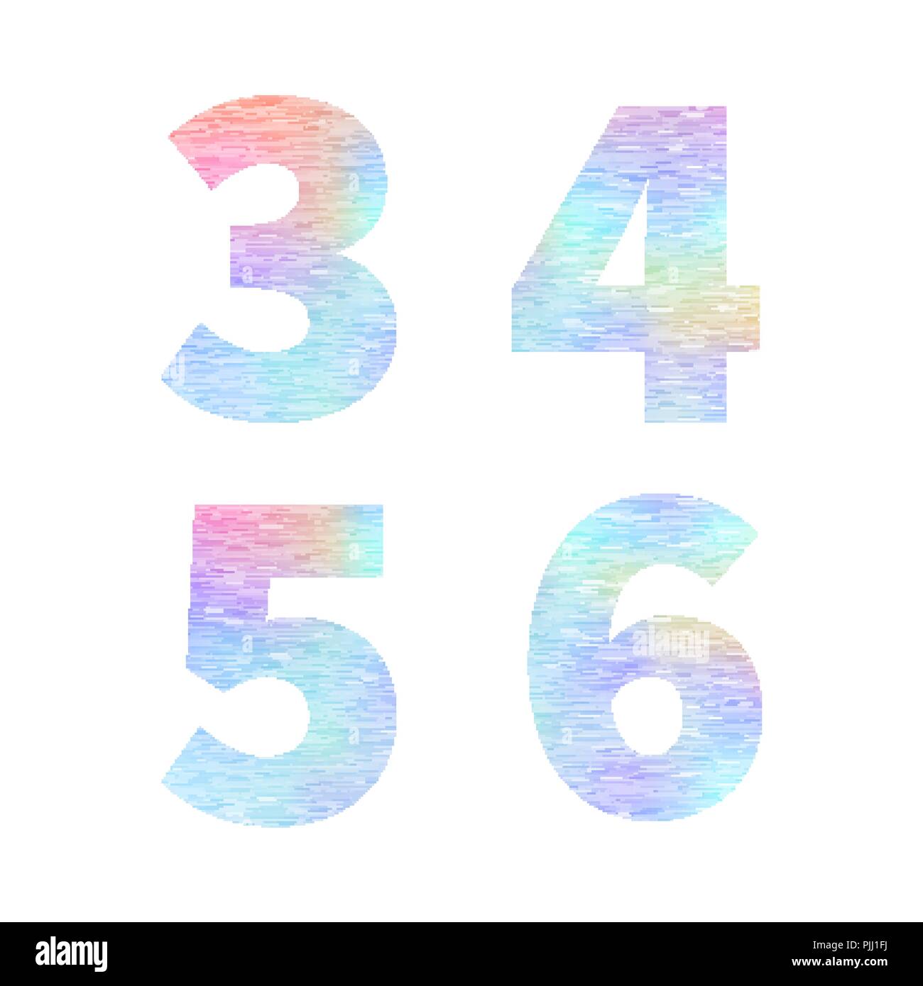 Modern 3 4 5 6 letters with bright colorful holographic foil texture on white Stock Vector