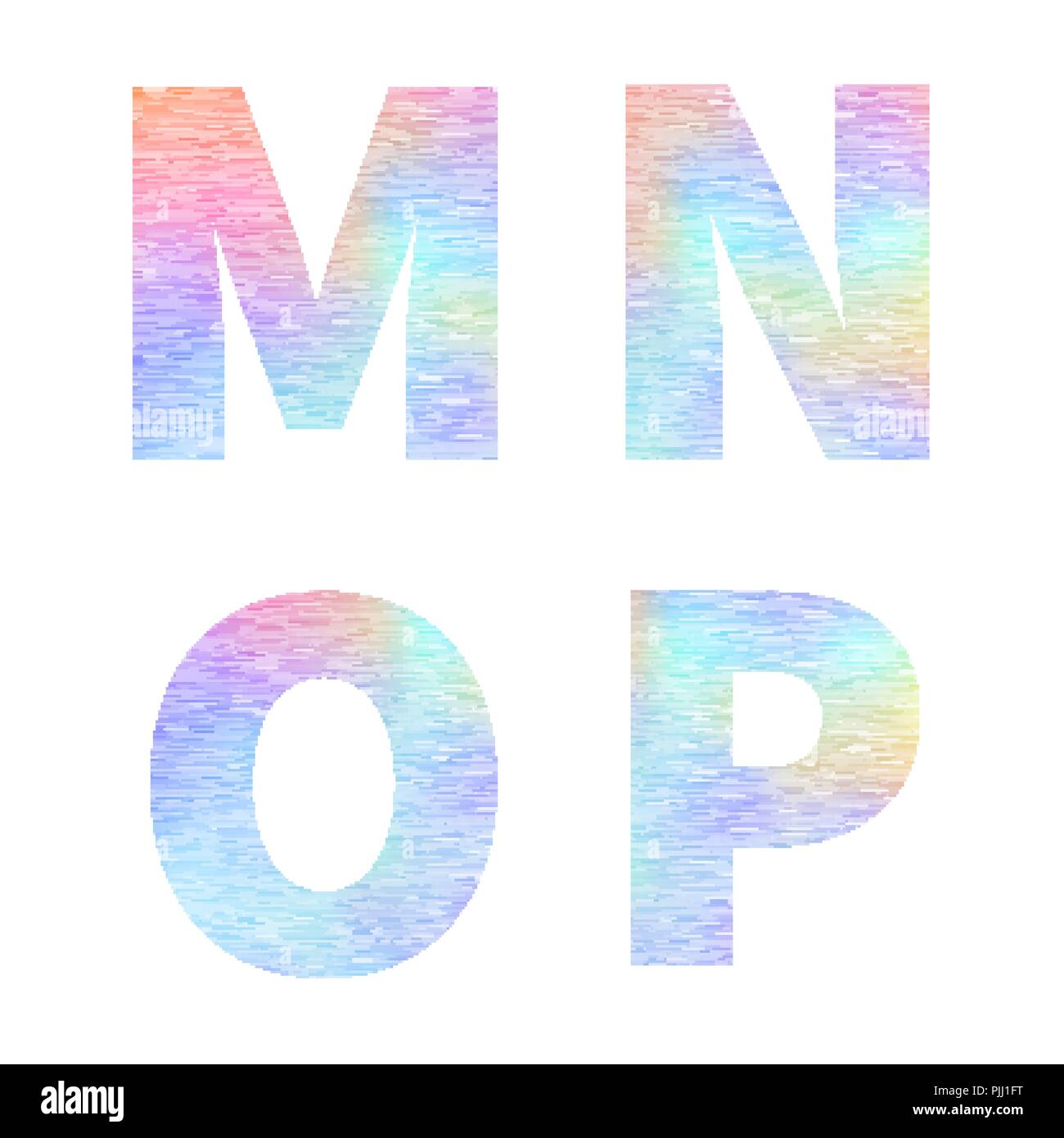 Modern M N O P letters with bright colorful holographic foil texture on white Stock Vector