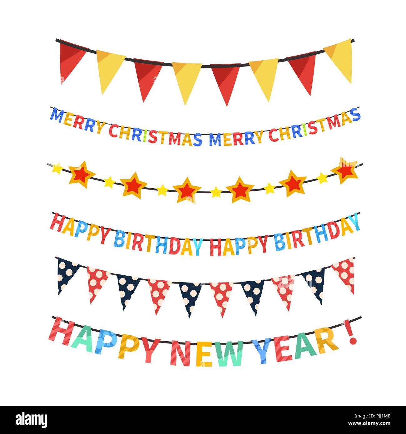 Set of bright colorful bunting and garlands isolated on white Stock ...
