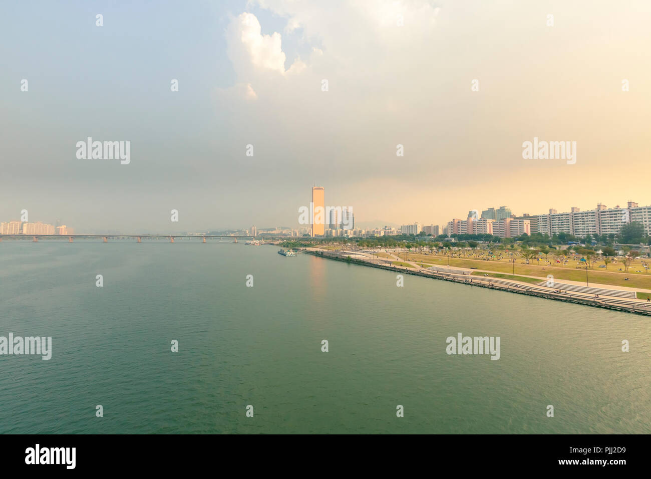 Seoul, South Korea - September 25 2015: Hangang River Park evening landscape scenic view of river bank public recreational space, Seoul Stock Photo