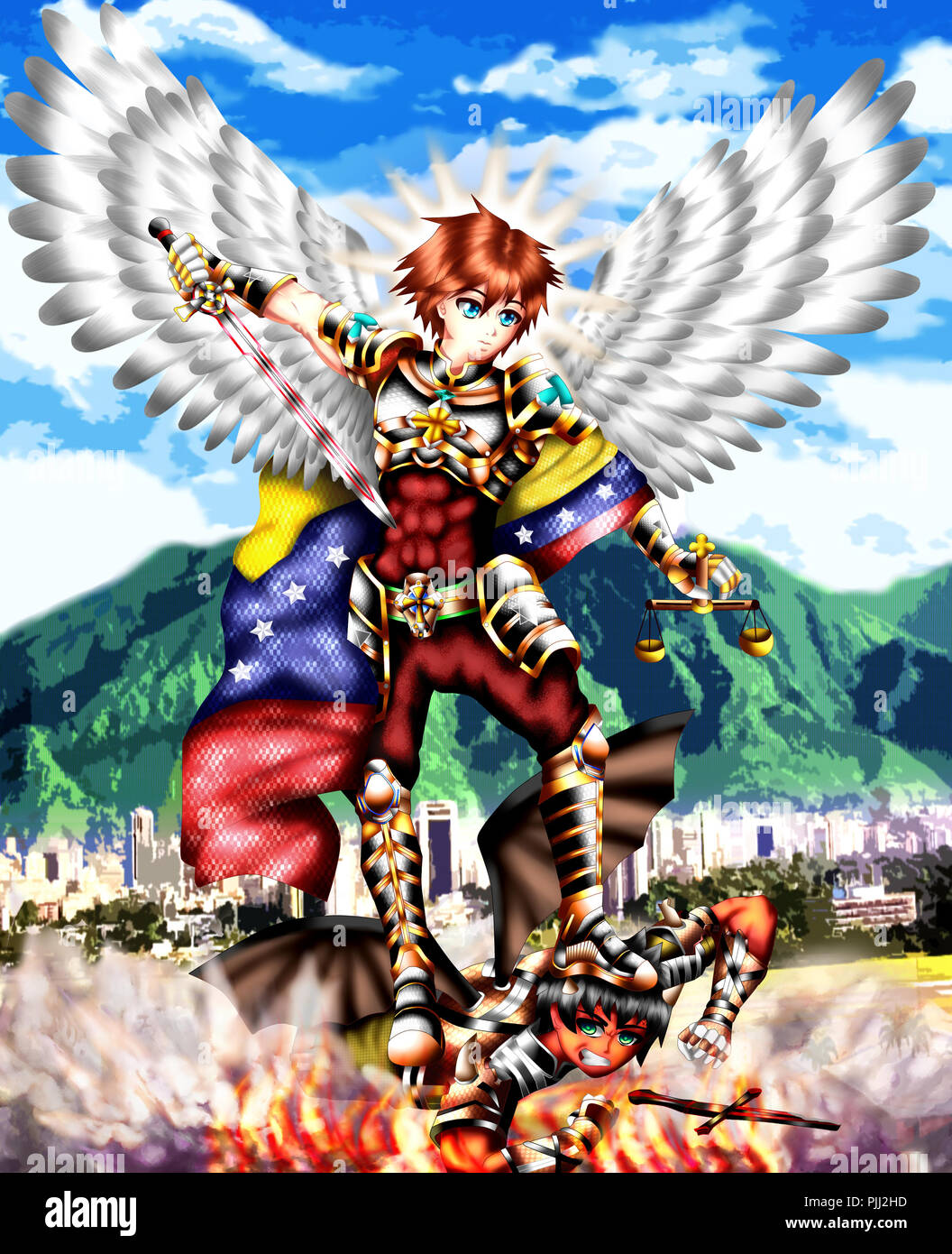 San Miguel Arcangenl, he is of the celestial troops, he is fighting against in Caracas, Vnezuela, anime style Stock Photo -
