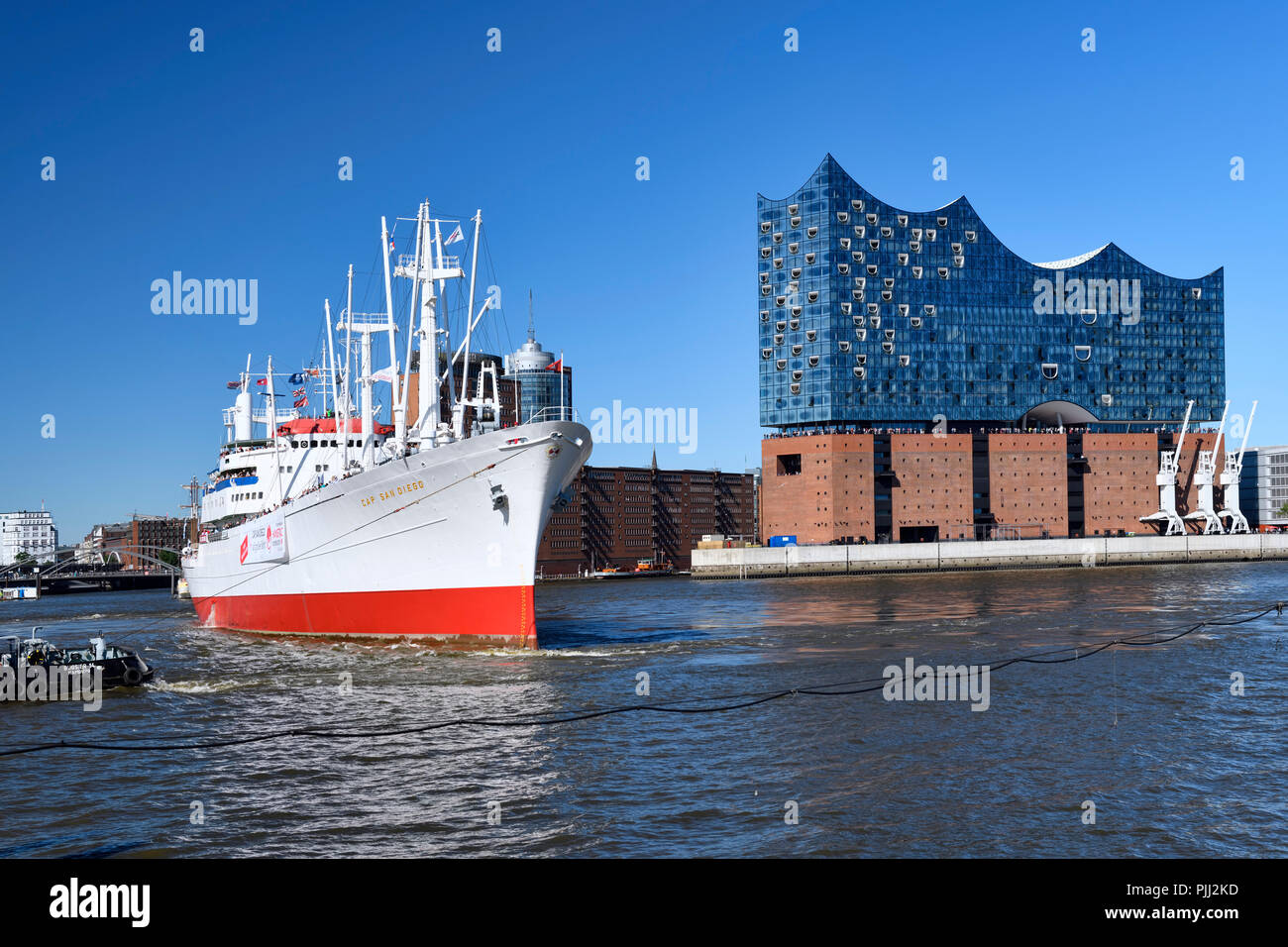 Museum ship Cap San Diego in the Elbphilharmonie in Hamburg, Germany, Europe, Museumsschiff Cap San Diego an der Elbphilharmonie in Hamburg, Deutschla Stock Photo