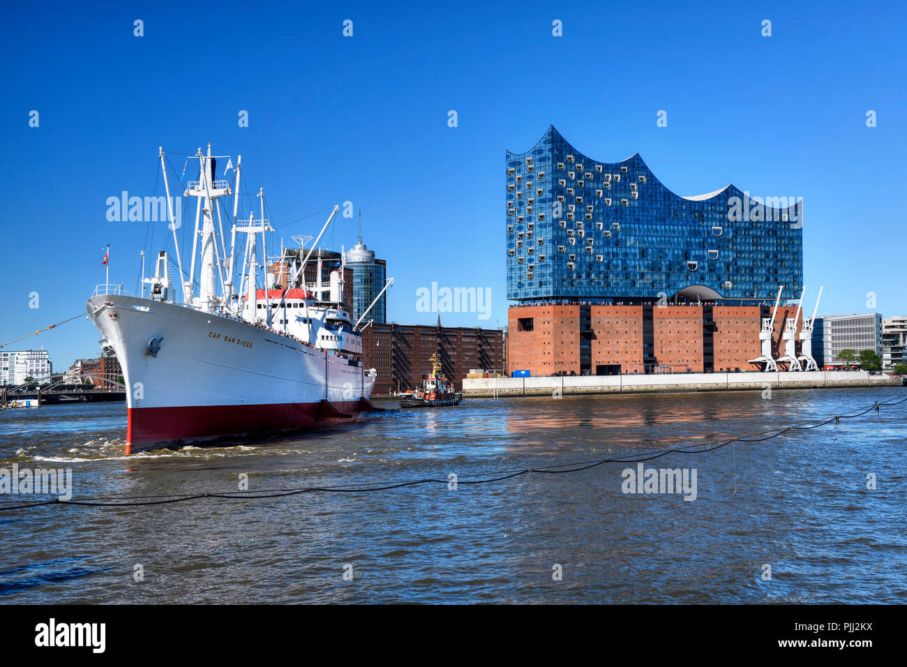Museum ship Cap San Diego in the Elbphilharmonie in Hamburg, Germany, Europe, Museumsschiff Cap San Diego an der Elbphilharmonie in Hamburg, Deutschla Stock Photo