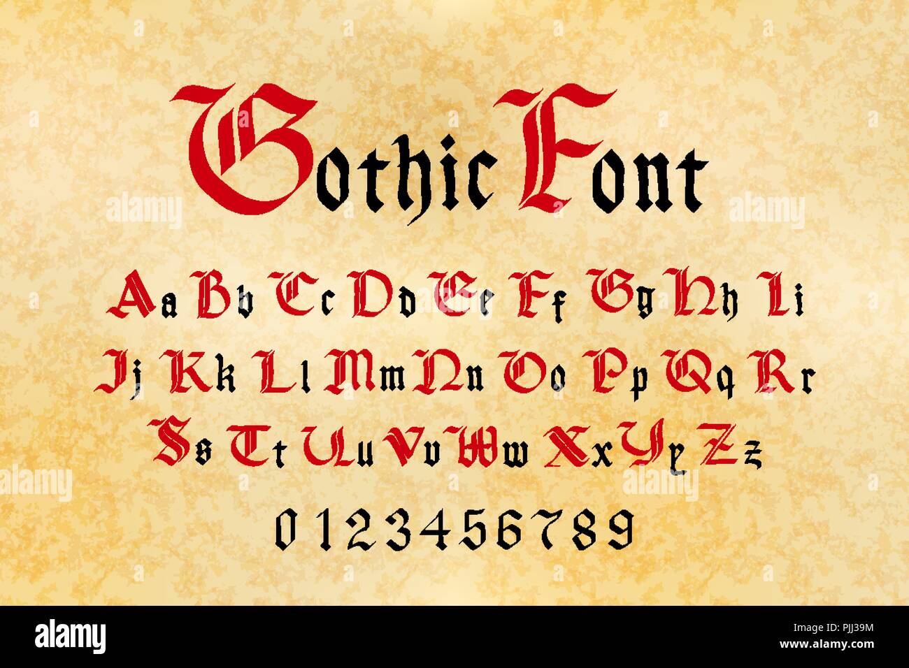 Red and black gothic font, set of medieval letters and numbers on old paper Stock Vector