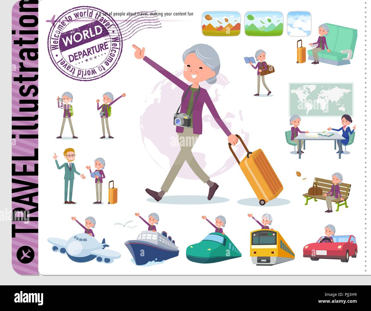 A set of old women on travel.There are also vehicles such as boats and airplanes.It's vector art so it's easy to edit. Stock Vector