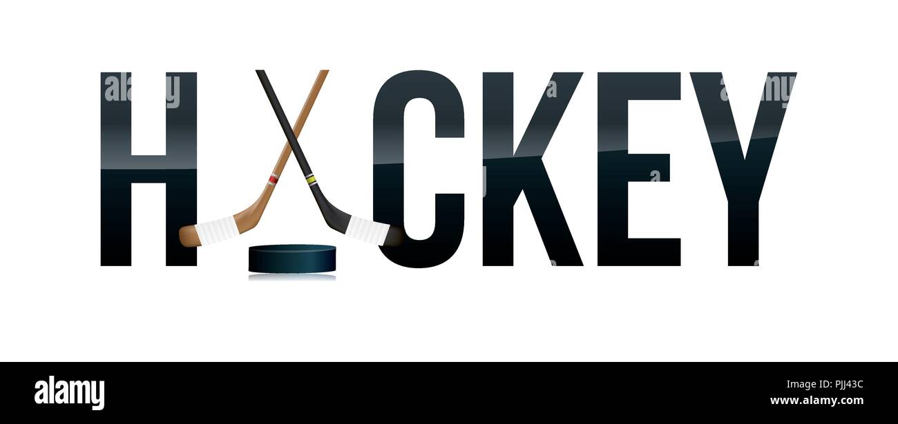 The word HOCKEY and sticks and puck word art concept illustration
