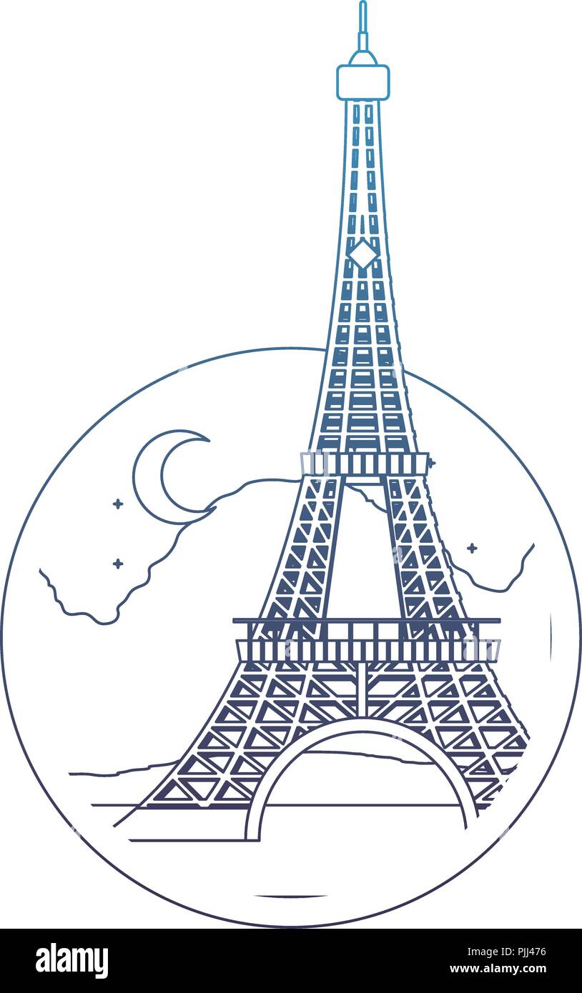 Degraded Line Eiffel Tower Paris At Night With Moon Stock Vector
