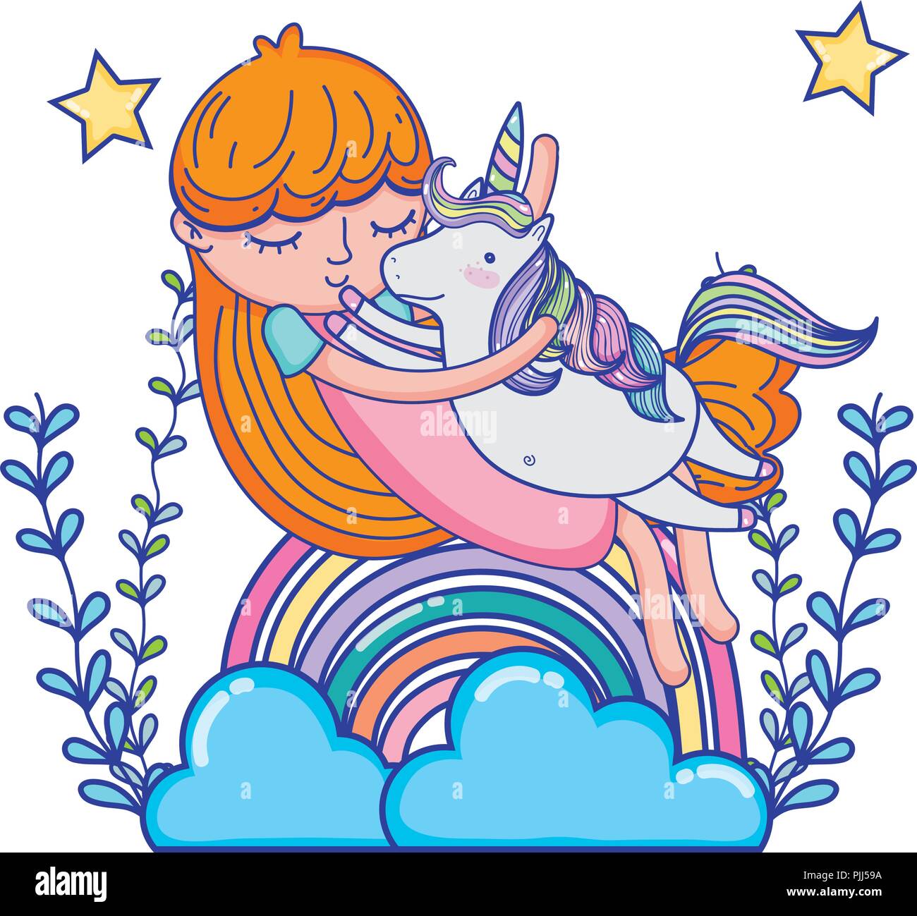 girl hugging unicorn with rainbow and branches Stock Vector Image & Art ...