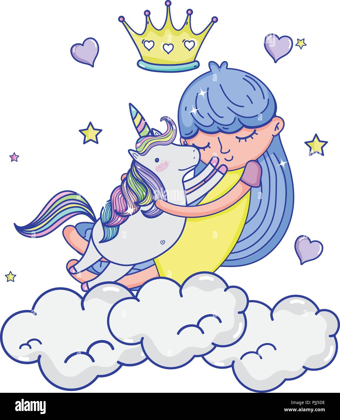 girl hugging unicorn in the clouds with crown and hearts Stock Vector ...