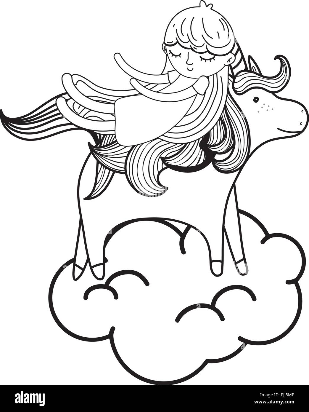 line sleeping girl with beauty unicorn in the cloud Stock Vector Image ...