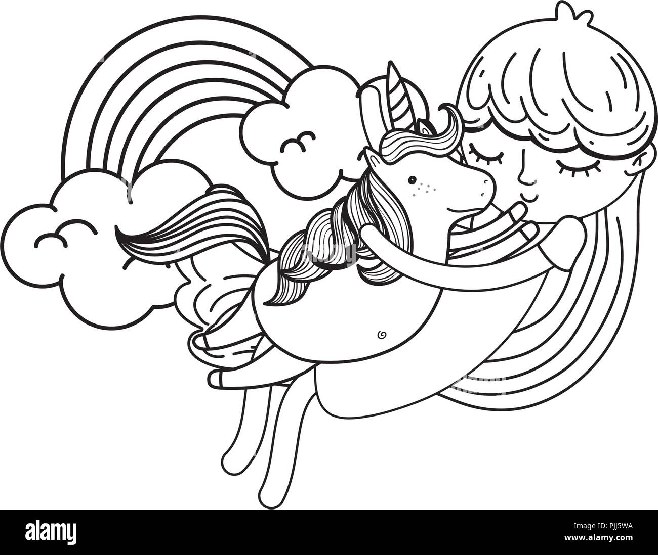 line girl hugging unicorn with rainbow and clouds Stock Vector Image ...