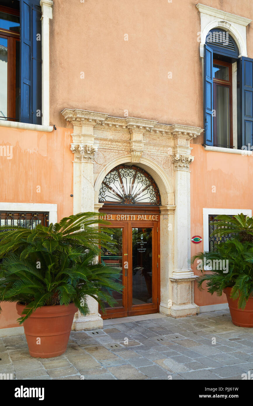 VENICE, ITALY - AUGUST 14, 2017: Famous Gritti Palace five stars luxury hotel entrance portal in a sunny summer day in Venice, Italy Stock Photo