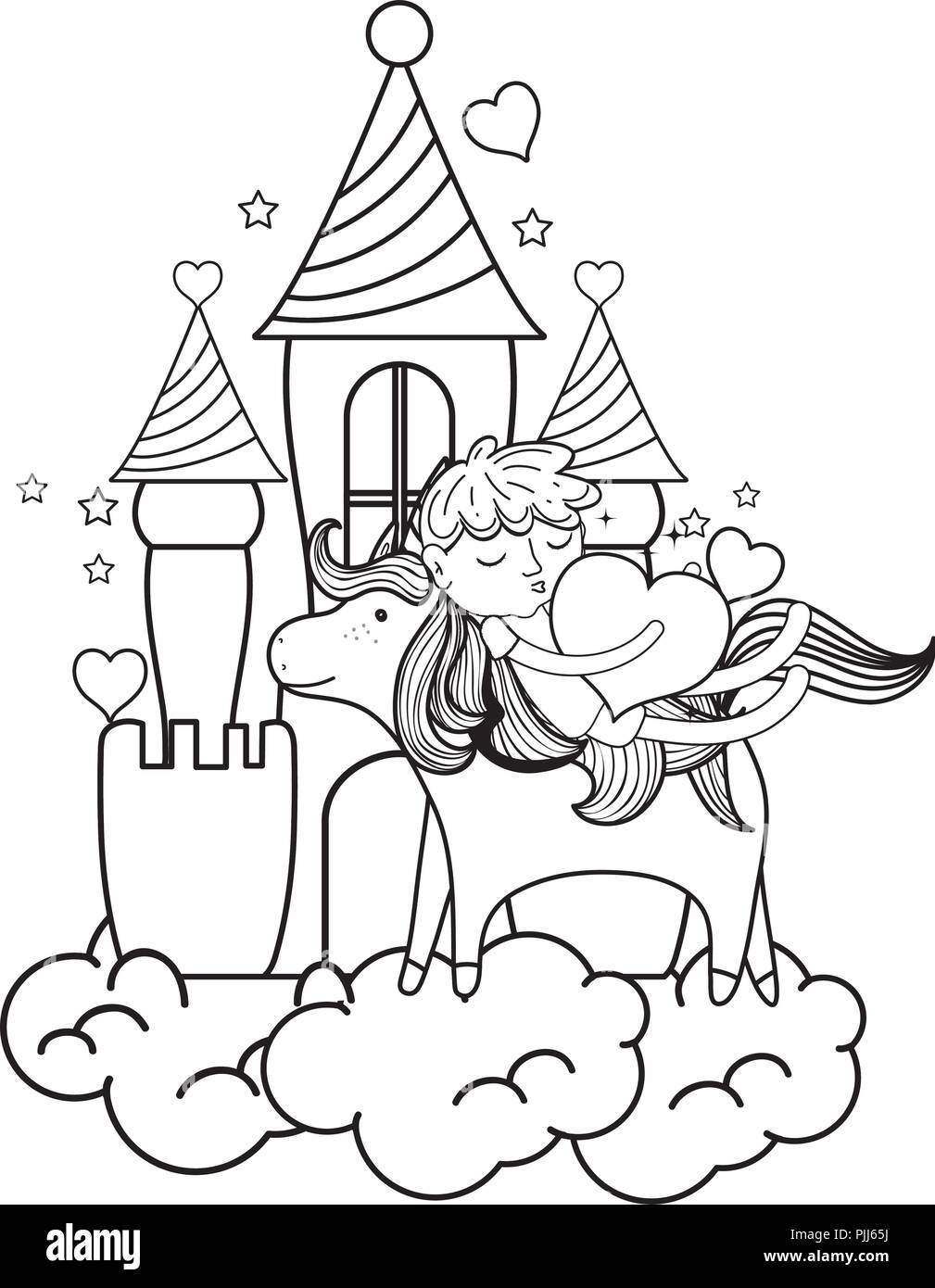 line sleeping boy riding unicorn with heat in the castle Stock Vector