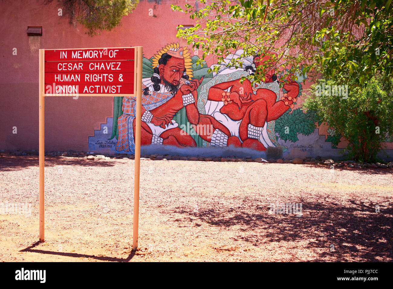 Wall art and sign dedicated to Cesar Chavez at Five Points in Tucson, AZ Stock Photo