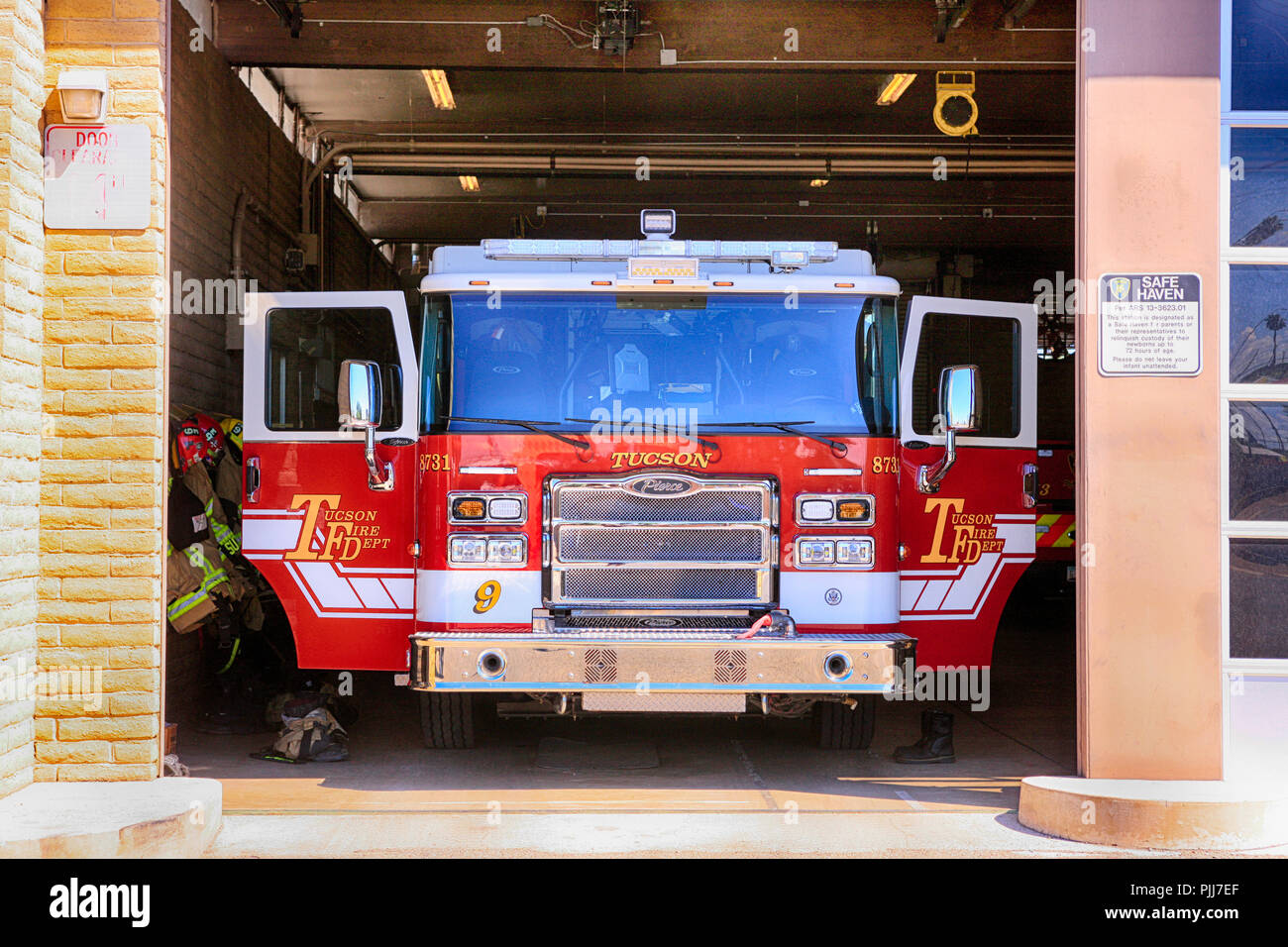 Fire truck of the Tucson Fire Dept inside the garage of Fire Station 9