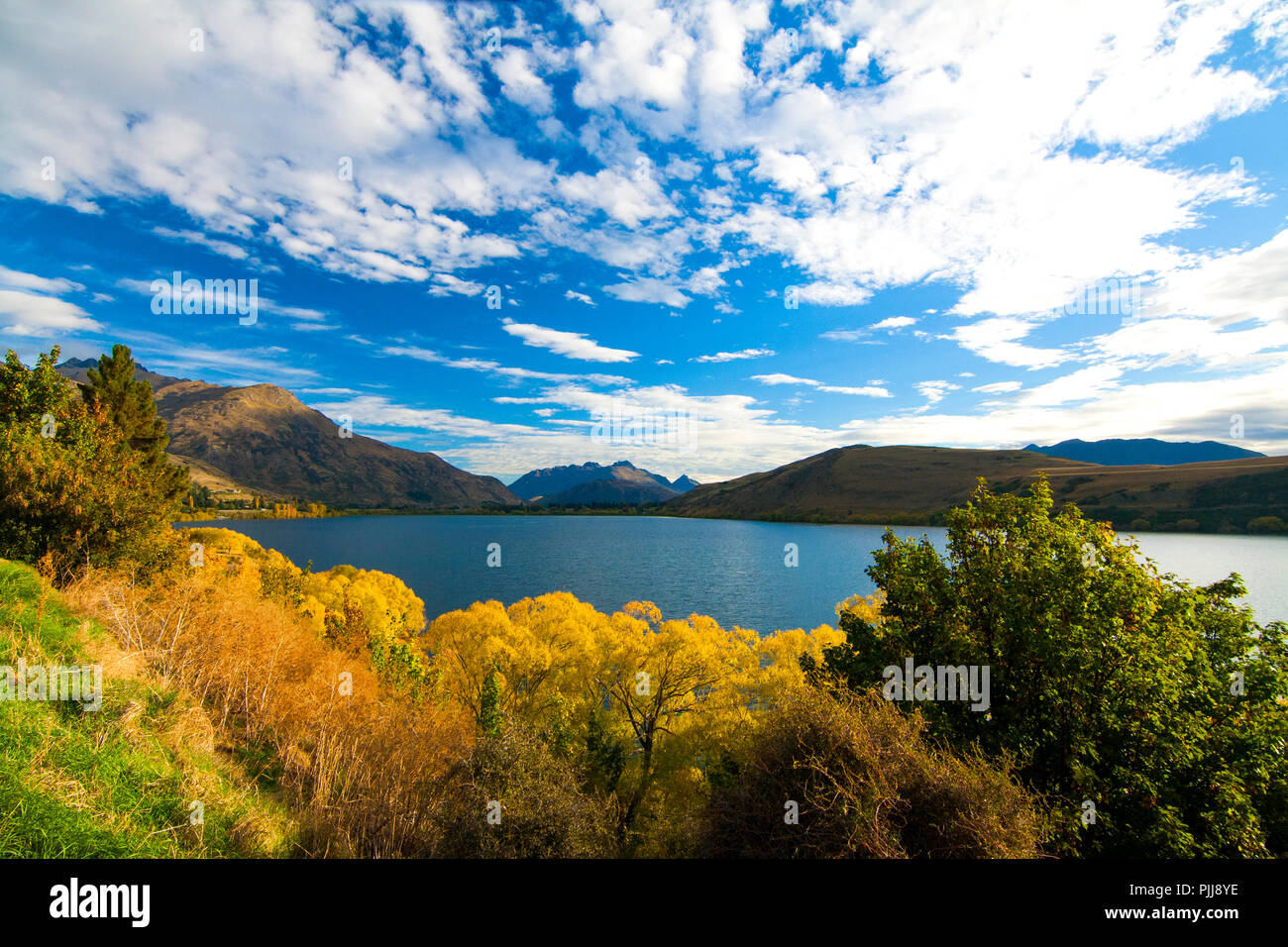 Autumn landscape colourful scenery with trees, lake and golden hills of Central Otago region, Lake Hayes, village Arrowtown, New Zealand Stock Photo