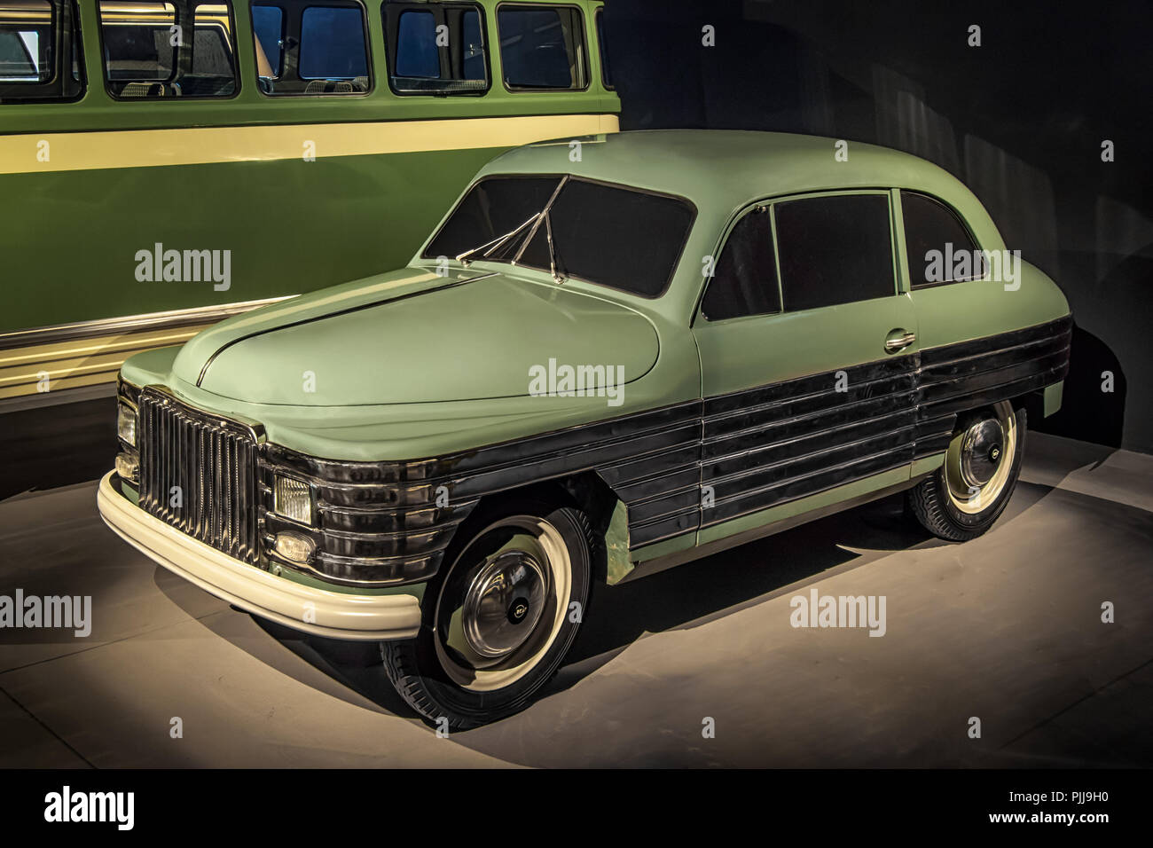 RIGA, LATVIA-APRIL 18, 2018: Soviet car 1950 REAF 50 in the Riga Motor Museum. Stock Photo