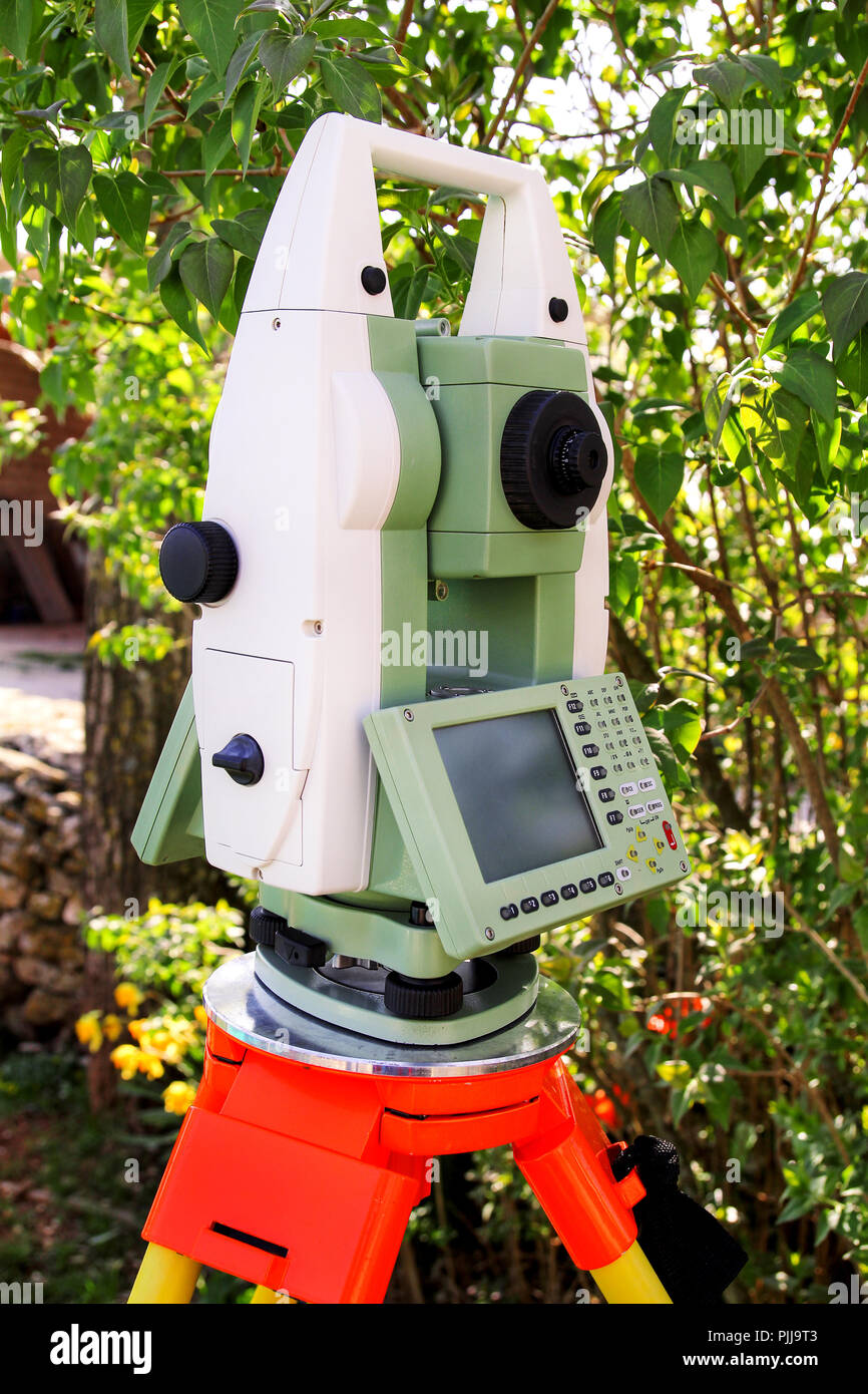 Geodetic Instrument Total station. Survey Instrument geodetic device, total station set in ...