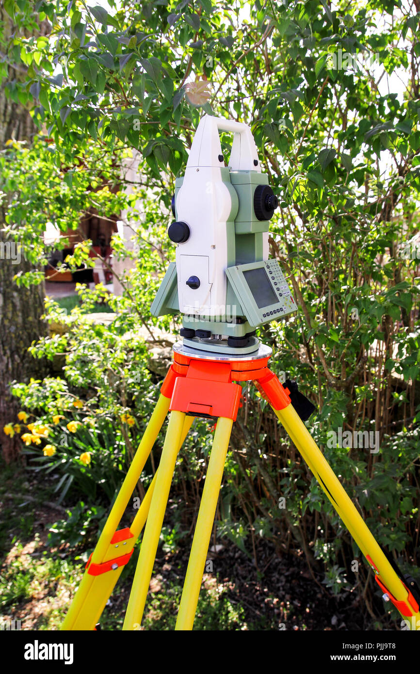 Geodetic Instrument Total station. Survey Instrument geodetic device, total station set in ...