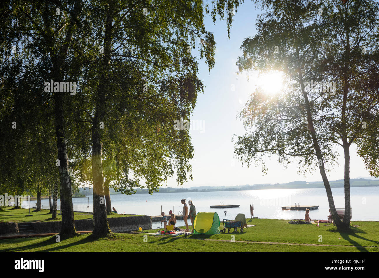Henndorf am Wallersee: lake Wallersee, lido bathing beach Strandbad, bather, Flachgau, Salzburg, Austria Stock Photo