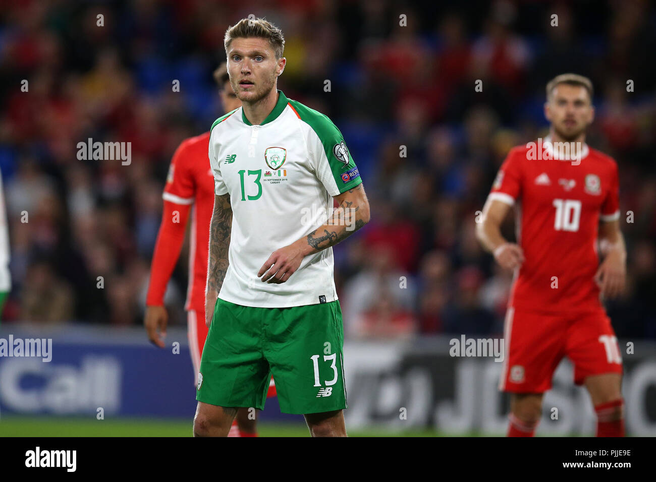 Cardifff, UK. 6th September 2018. Jeff Hendrick of Republic of Ireland (13) UEFA Nations League match, Wales v Republic of Ireland at the Cardiff city Stadium in Cardiff , South Wales on Thursday 6th September 2018. picture by Andrew Orchard/Alamy Live News Stock Photo