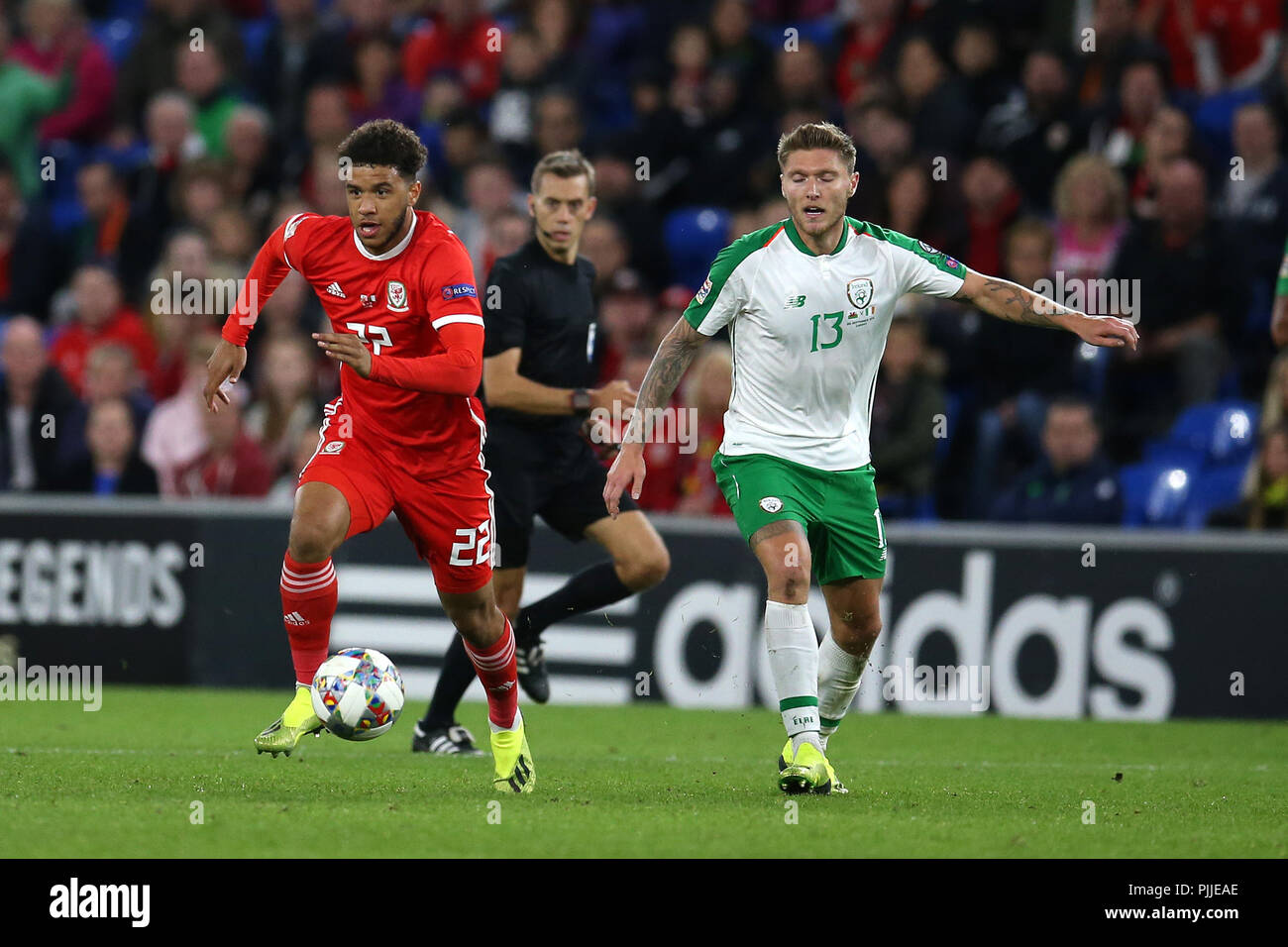 Cardifff, UK. 6th September 2018. Tyler Roberts of Wales and Jeff Hendrick of Republic of Ireland in action .UEFA Nations League match, Wales v Republic of Ireland at the Cardiff city Stadium in Cardiff , South Wales on Thursday 6th September 2018. picture by Andrew Orchard/Alamy Live News Stock Photo