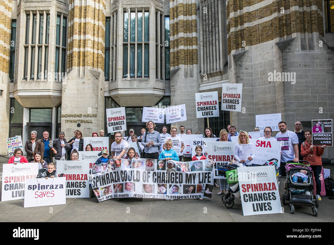 London, UK. 7th September, 2018. Families living with life-threatening spinal muscular atrophy (SMA) and campaigners from TreatSMA protest outside the former Department of Health building against Government health policies following the decision by the National Institute of Health and Care Excellence (NICE) not to fund the drug nusinersen through the National Health Service. The families called on Health Secretary Matt Hancock MP to come to meet them. Credit: Mark Kerrison/Alamy Live News Stock Photo