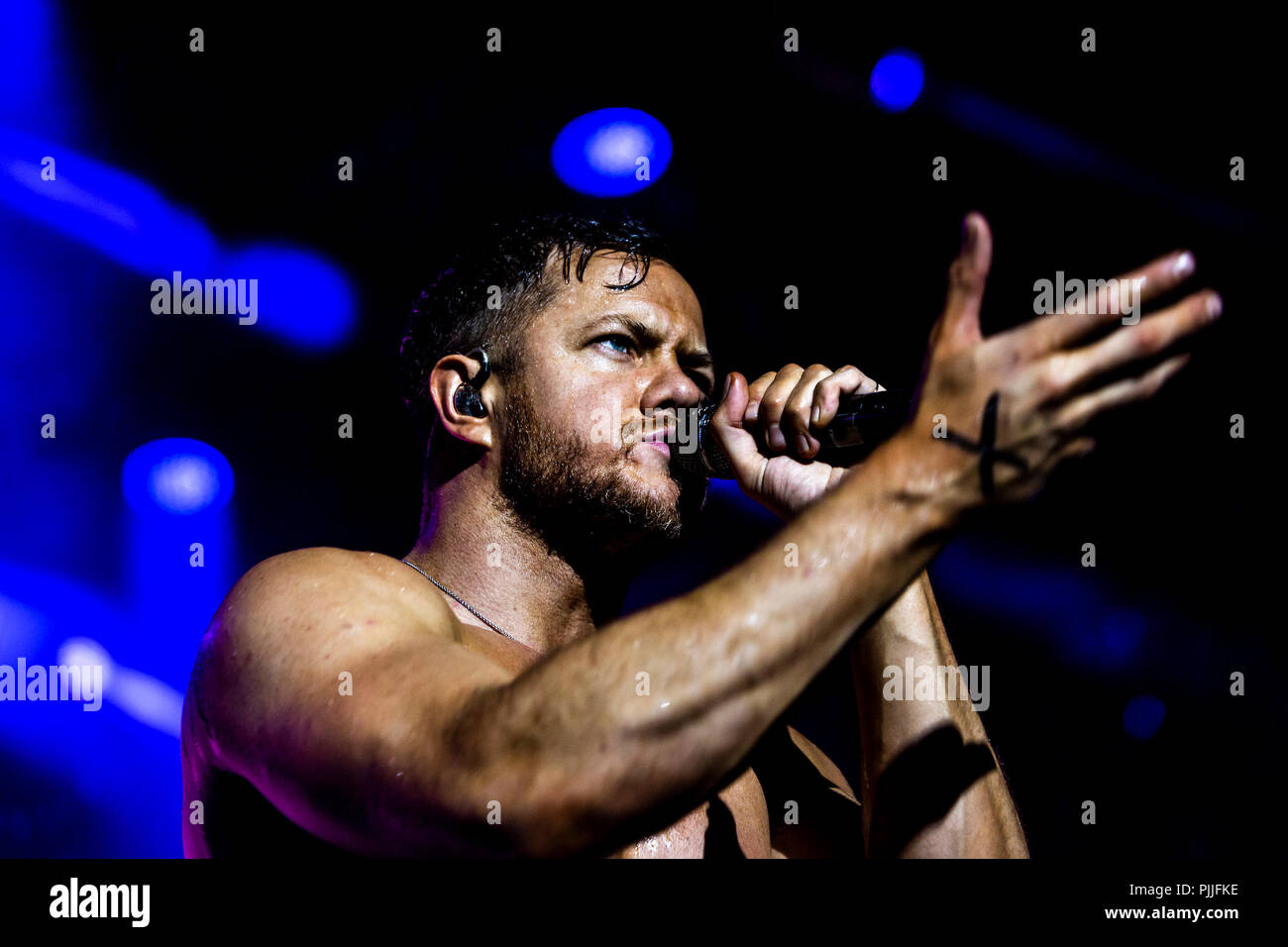 Milan, Italy, 6th September 2018: Imagine Dragons perform on stage at Milano Rocks in Italy, at Area Experience in Milan, for their Evolve World Tour 2018 - Valeria Portinari/Alamy Live News Stock Photo